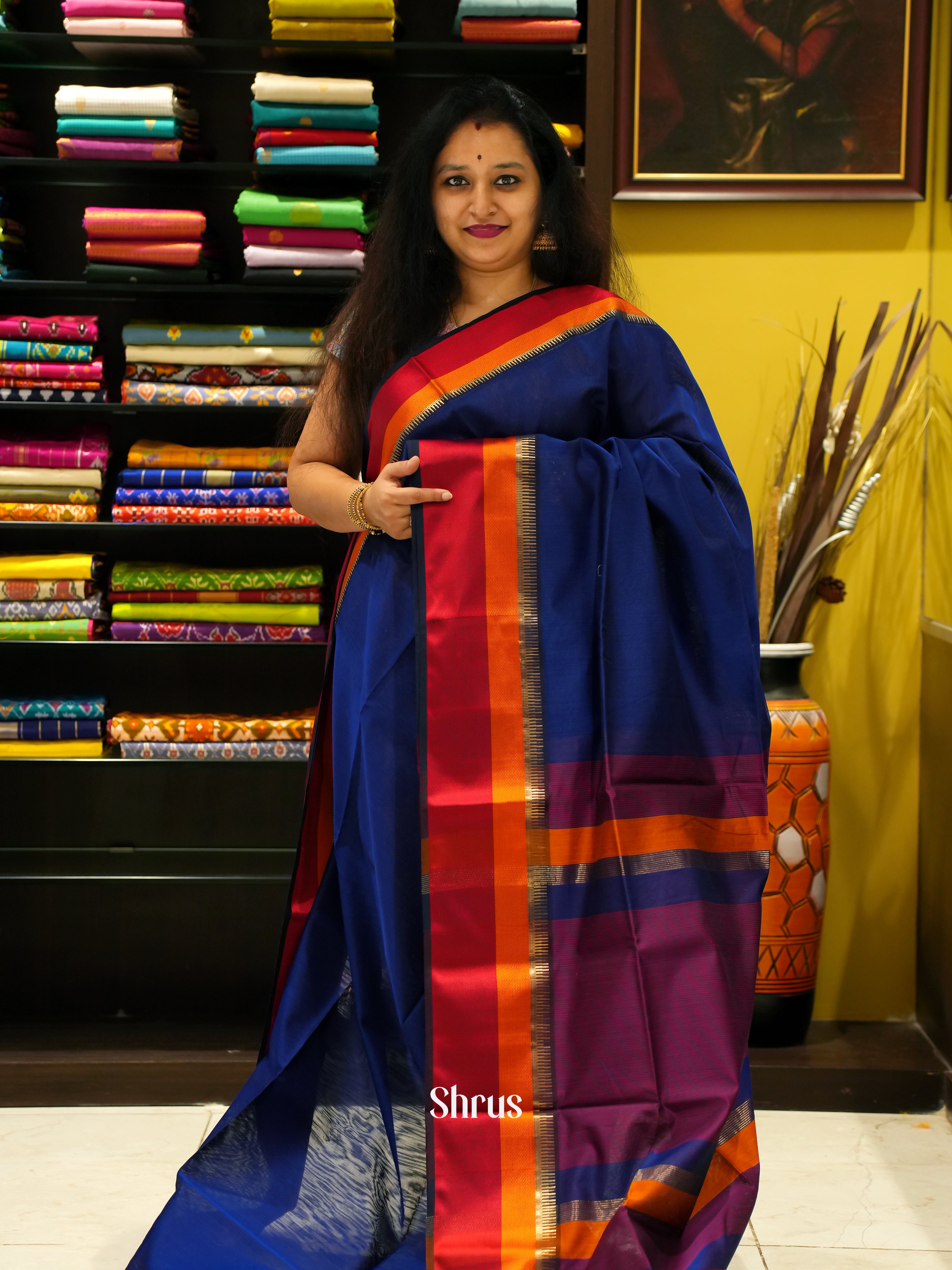 Blue & Maroon - Maheshwari silkcotton Saree - Shop on ShrusEternity.com