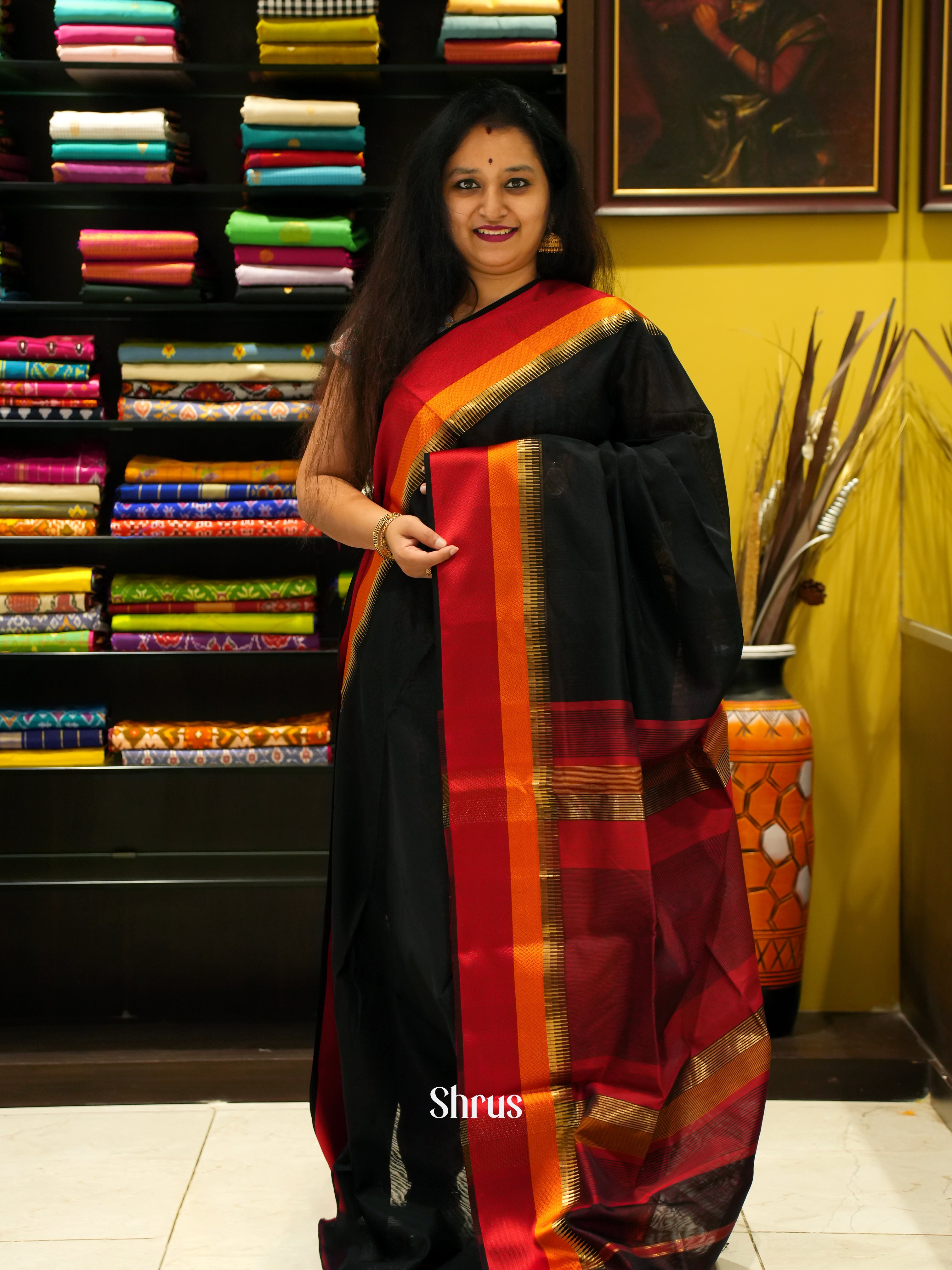 Black & Maroon - Maheshwari silkcotton Saree - Shop on ShrusEternity.com