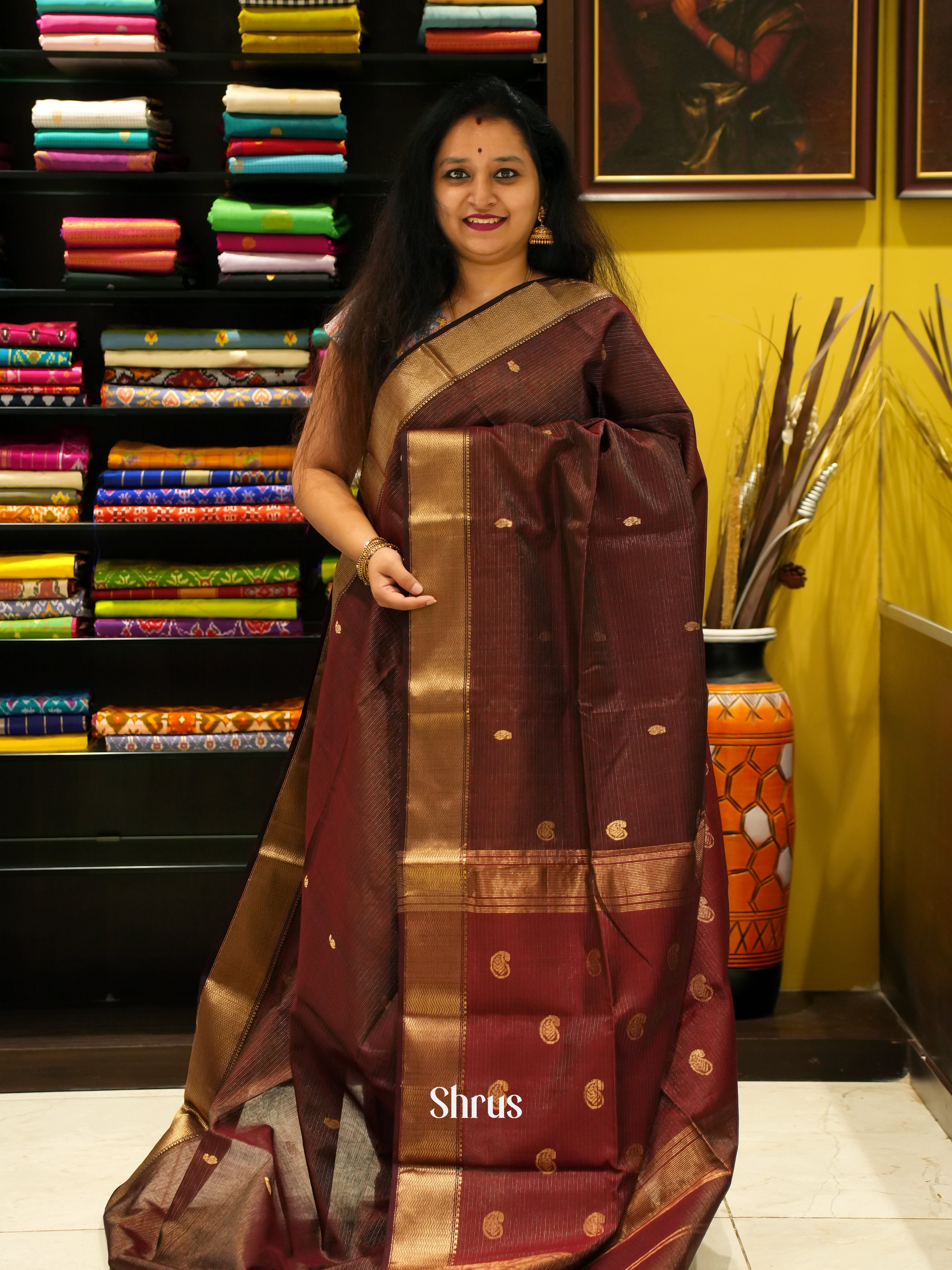 Brown - Maheshwari silkcotton Saree - Shop on ShrusEternity.com