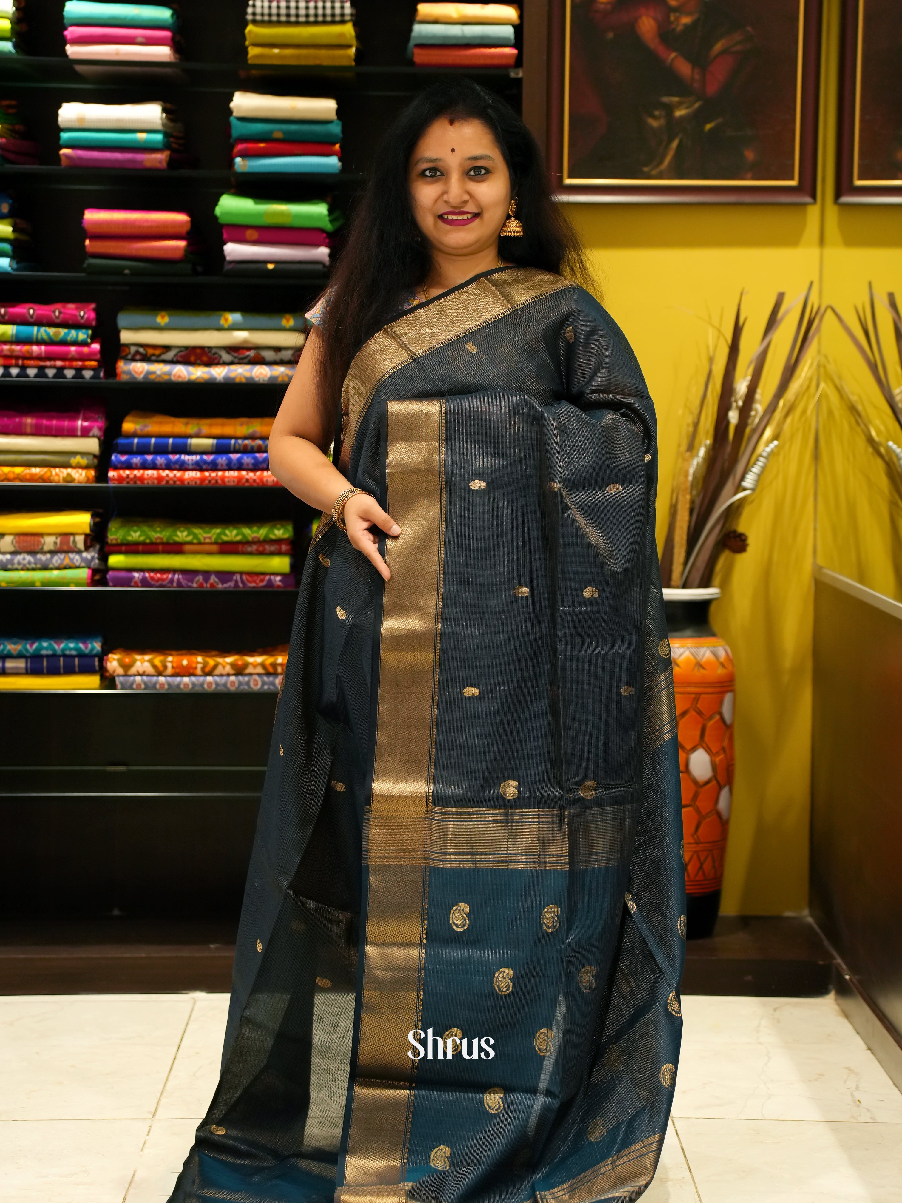 Black & Blue - Maheshwari silkcotton Saree - Shop on ShrusEternity.com