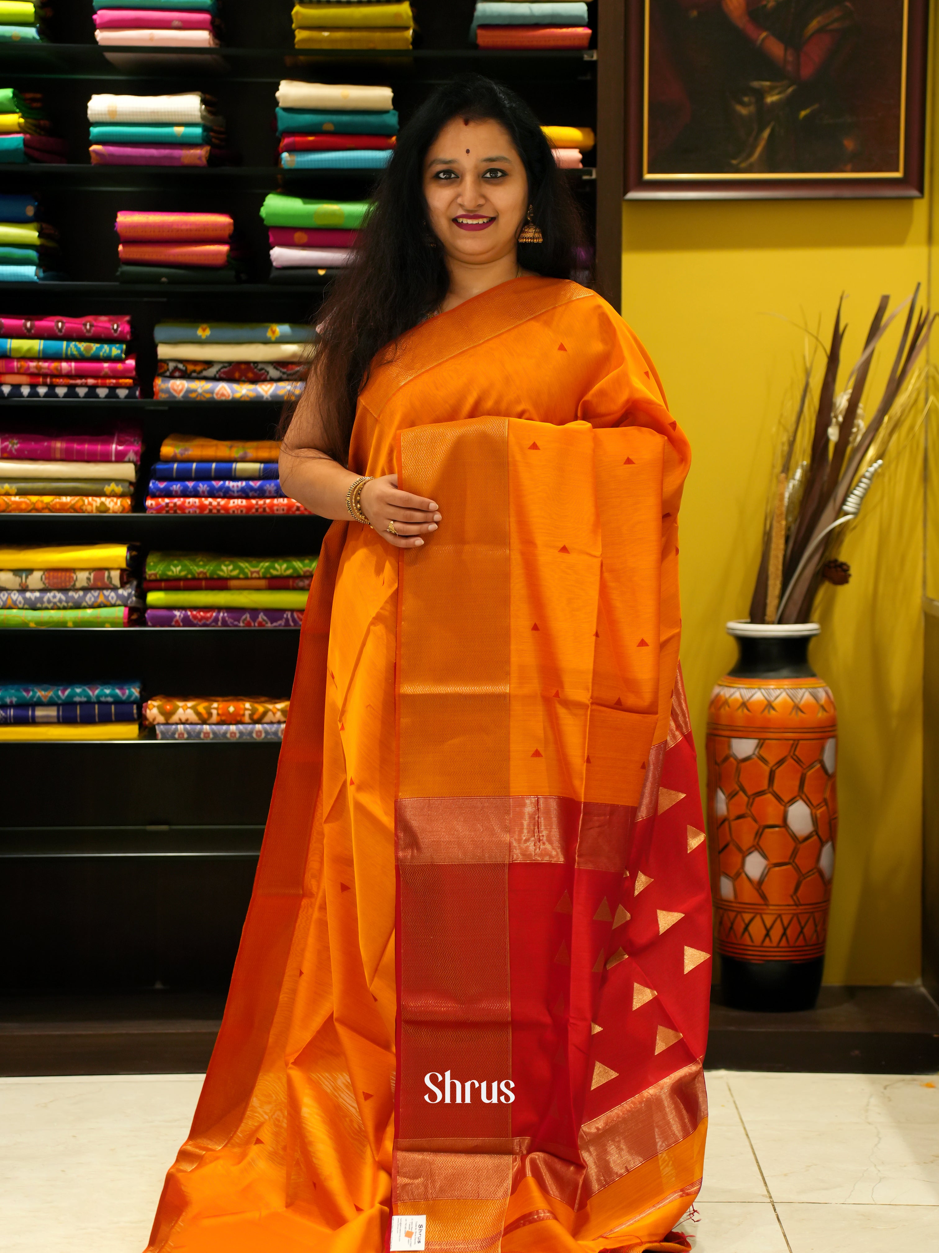 Mustard & Red - Maheshwari silkcotton Saree - Shop on ShrusEternity.com
