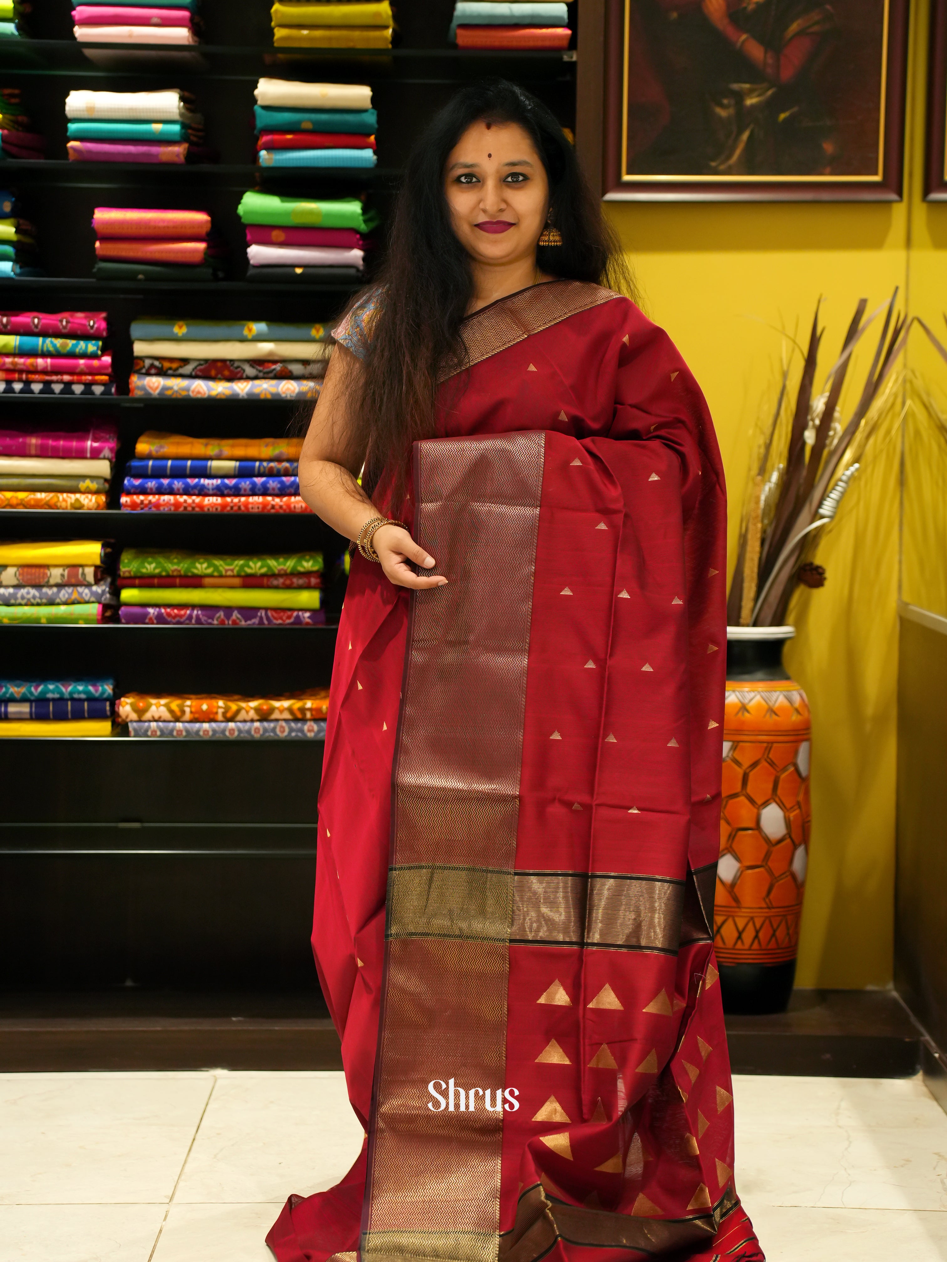 Red & Brown - Maheshwari silkcotton Saree - Shop on ShrusEternity.com
