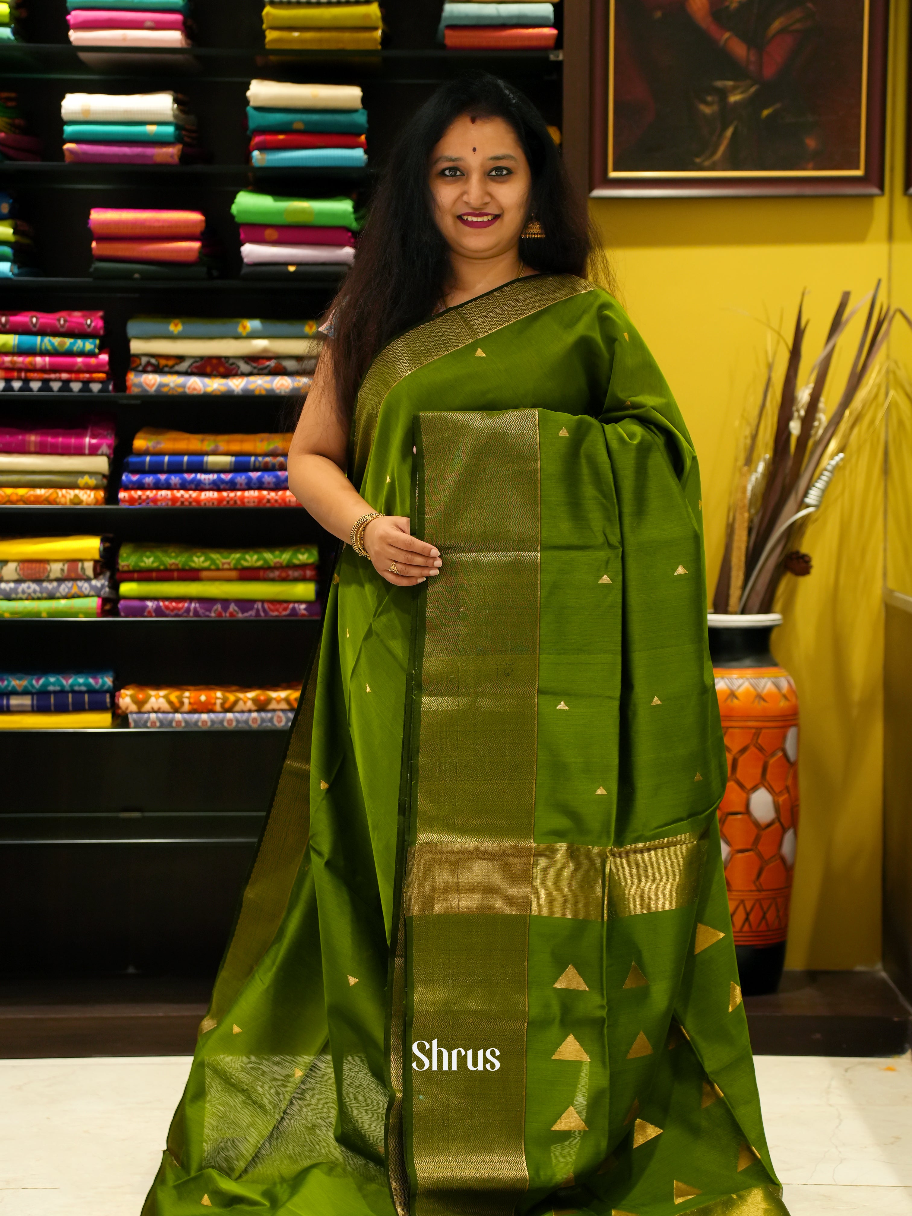 Green(Single Tone) - Maheshwari silkcotton Saree - Shop on ShrusEternity.com