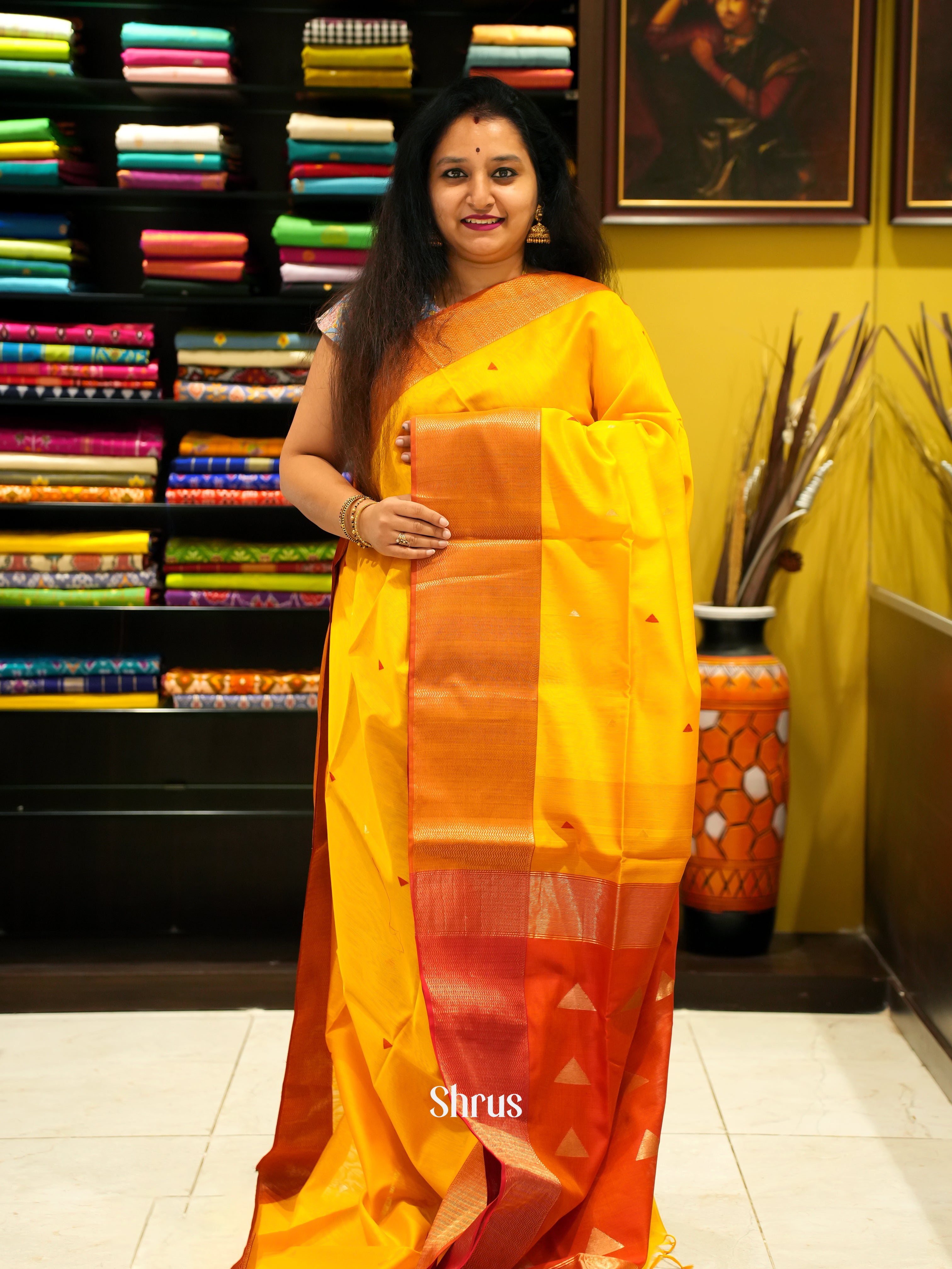 Yellow & Red - Maheshwari silkcotton Saree - Shop on ShrusEternity.com
