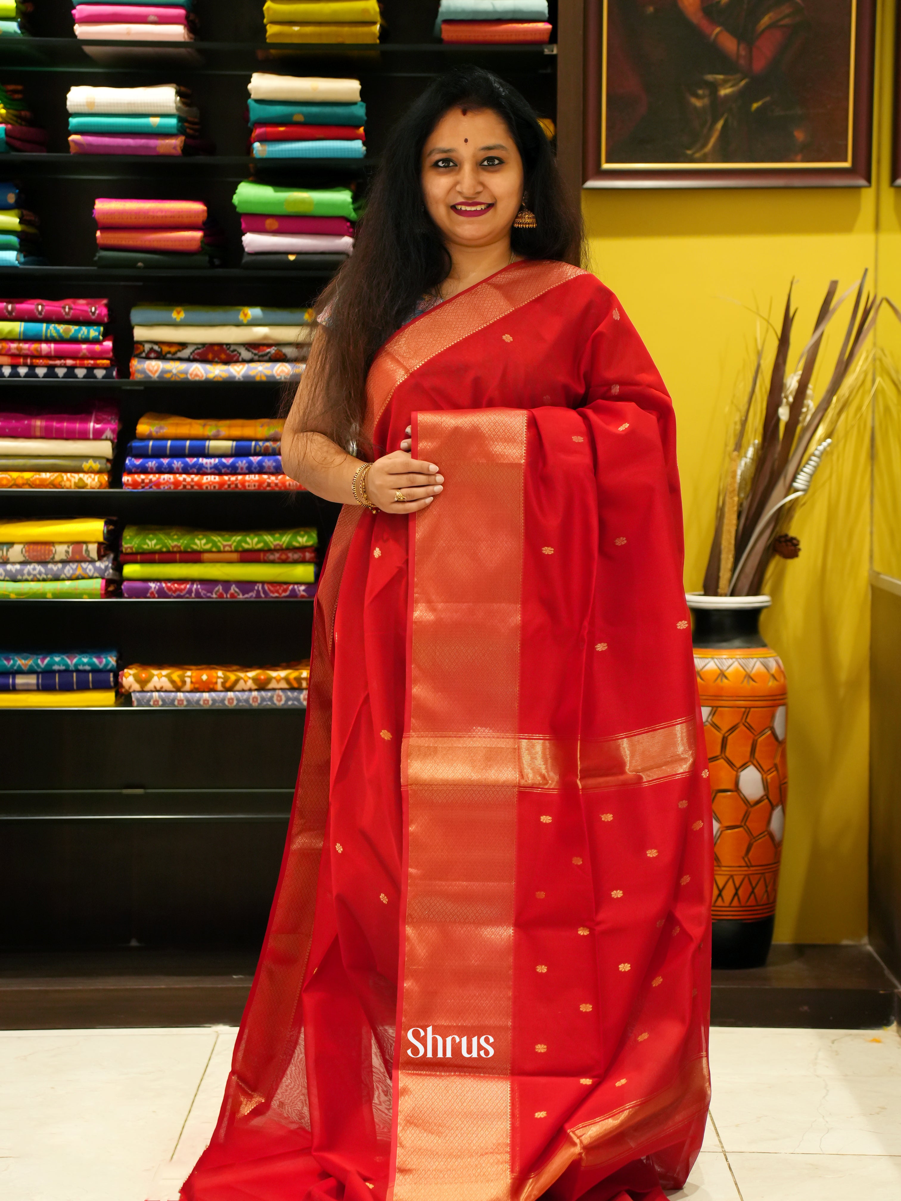 Red(Single Tone) - Maheshwari silkcotton Saree - Shop on ShrusEternity.com