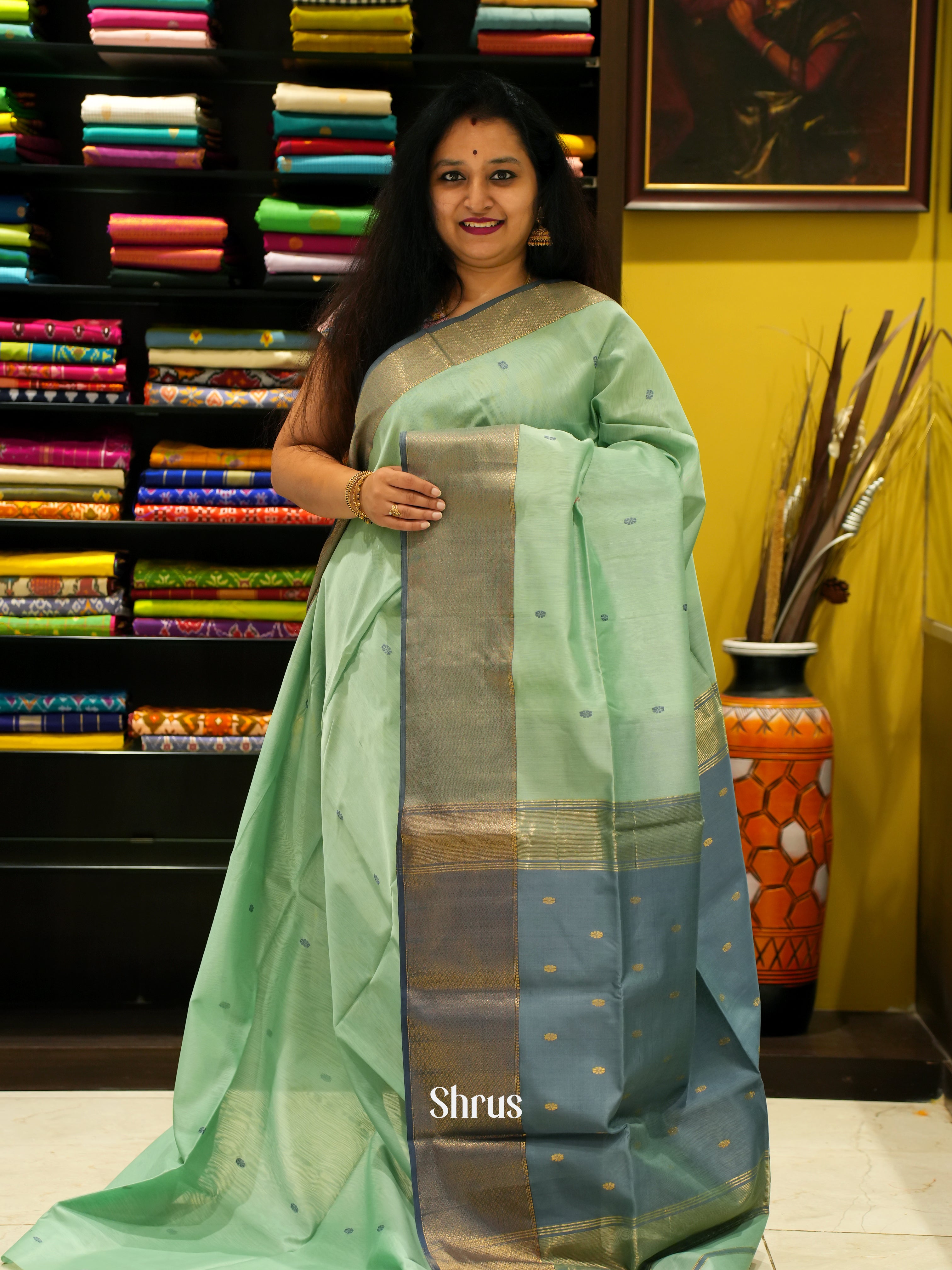 Pista Green & Grey - Maheshwari silkcotton Saree - Shop on ShrusEternity.com