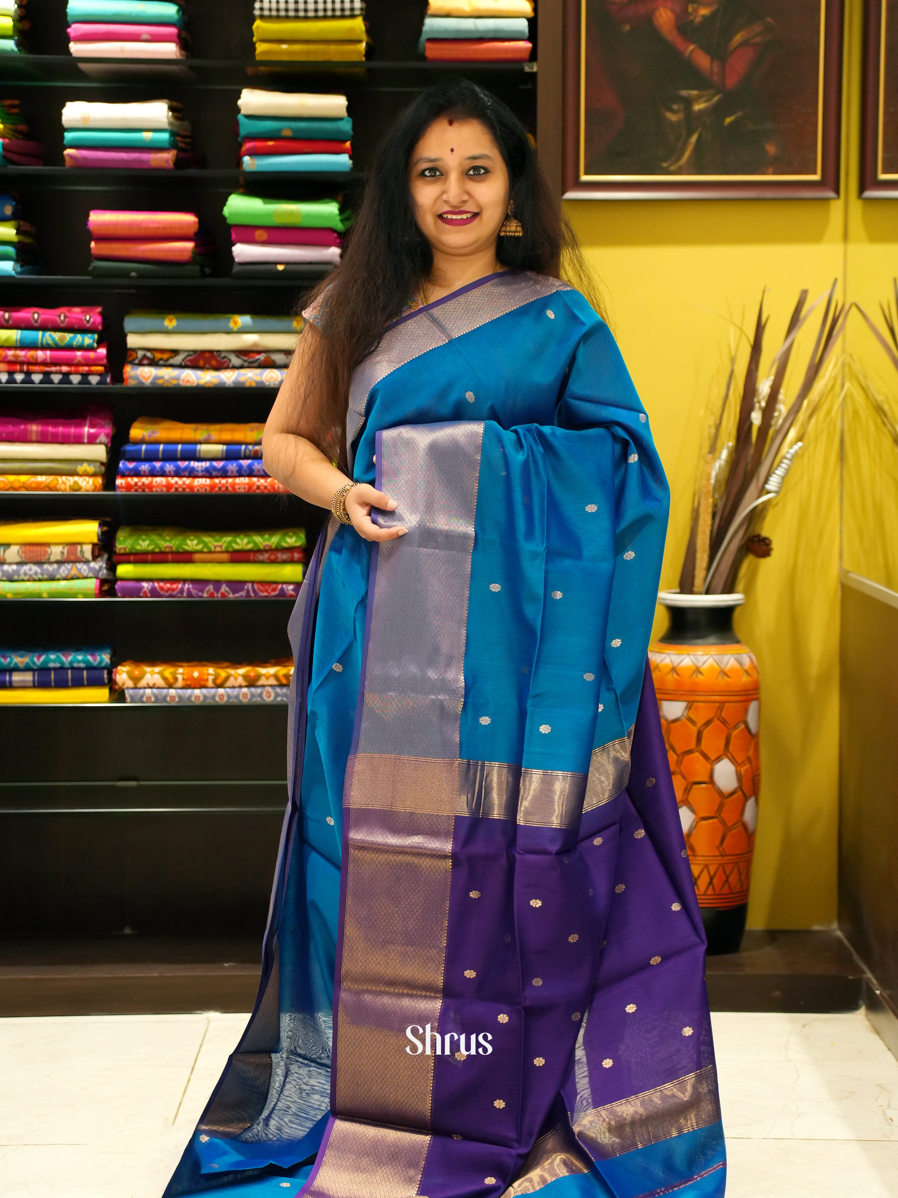 Blue & Violet - Maheshwari silkcotton Saree - Shop on ShrusEternity.com