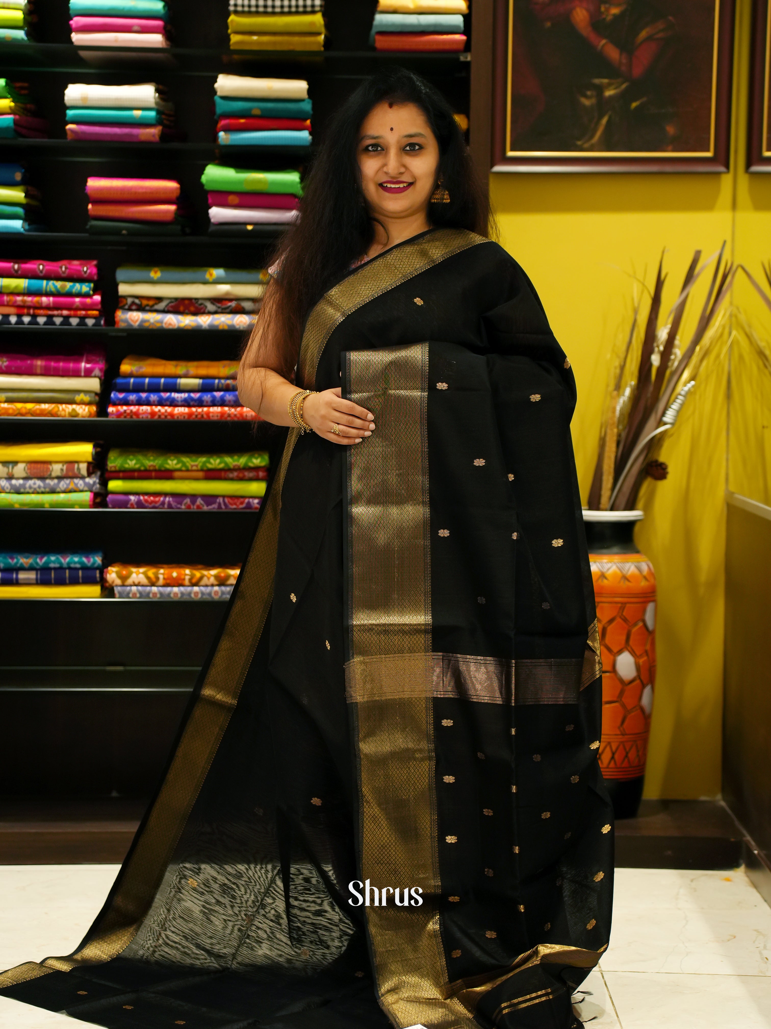 Black(Single Tone) - Maheshwari silkcotton Saree - Shop on ShrusEternity.com