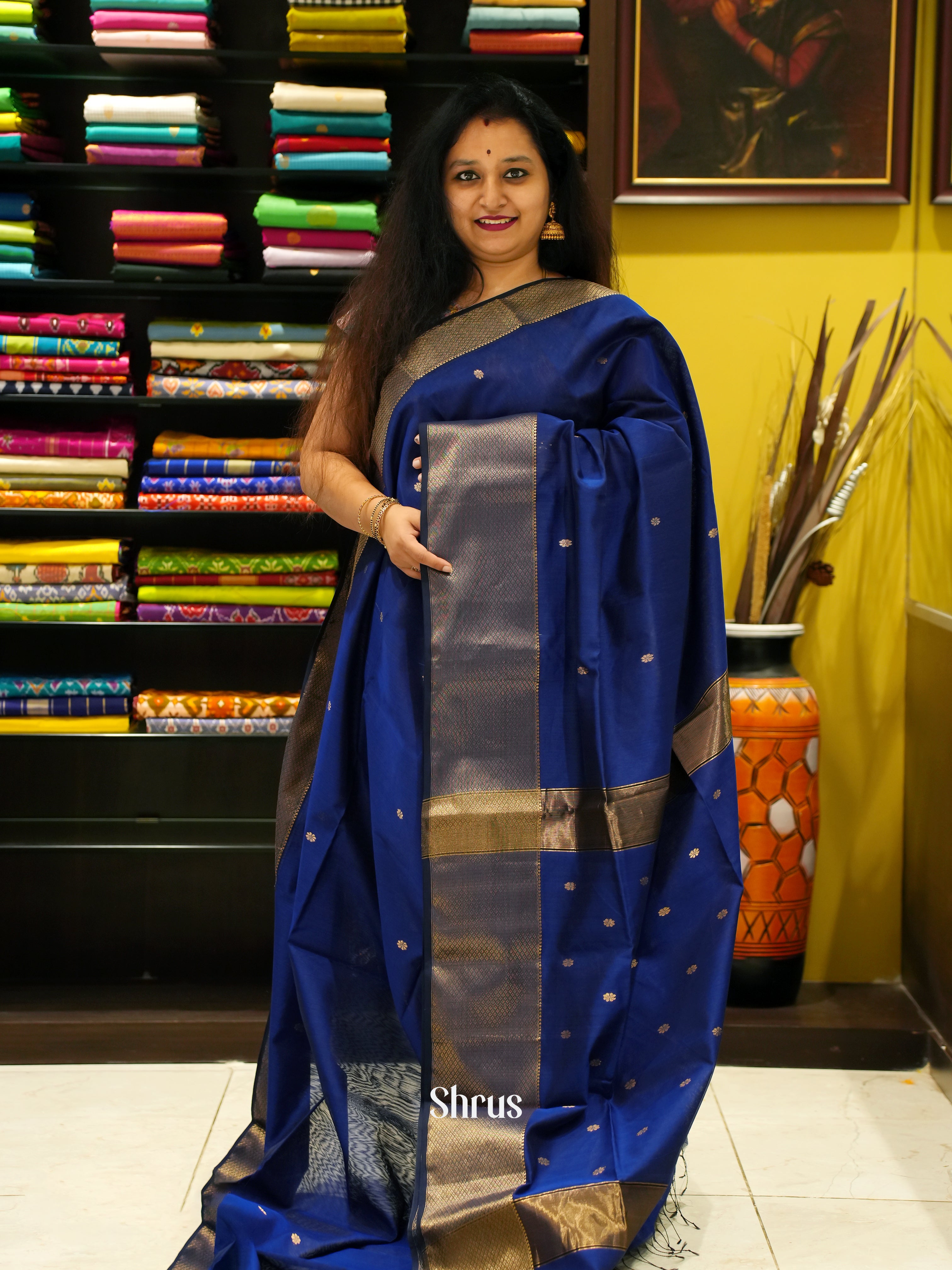 Blue(Single Tone) - Maheshwari silkcotton Saree - Shop on ShrusEternity.com