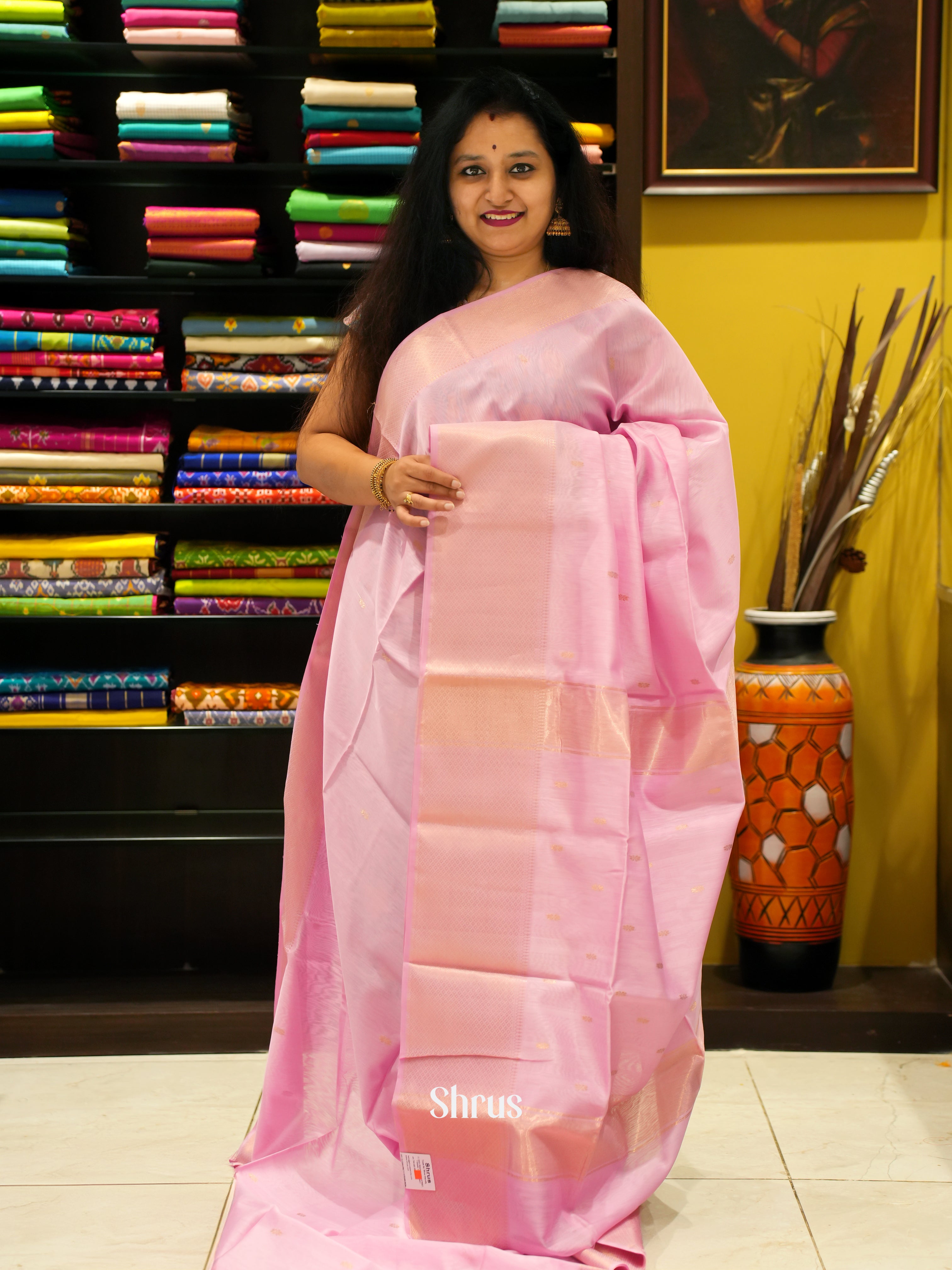Pink(Single Tone) - Maheshwari silkcotton Saree - Shop on ShrusEternity.com