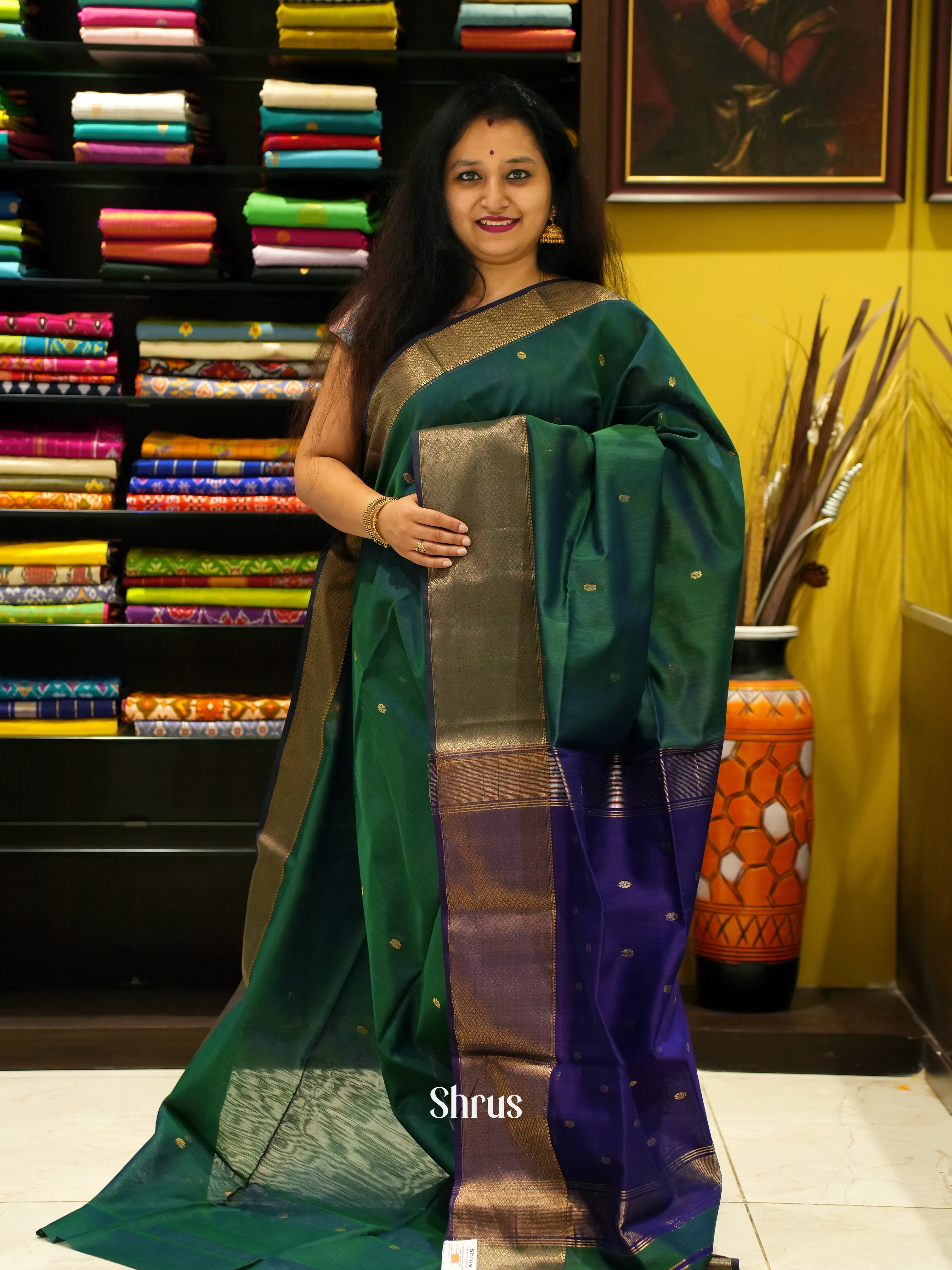 Green & Blue - Maheshwari silkcotton Saree - Shop on ShrusEternity.com