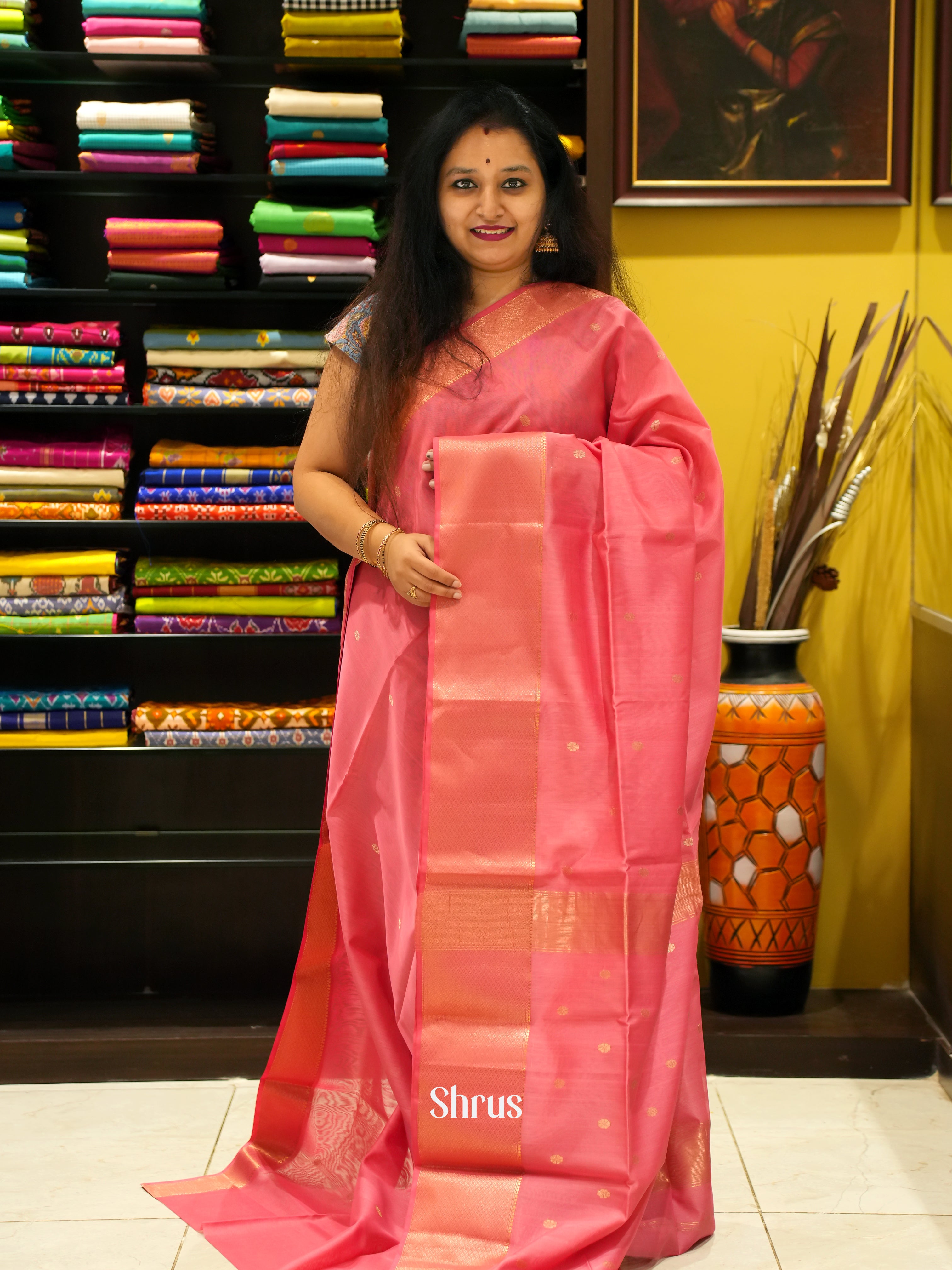 Pink(Single tone) - Maheshwari silkcotton Saree - Shop on ShrusEternity.com