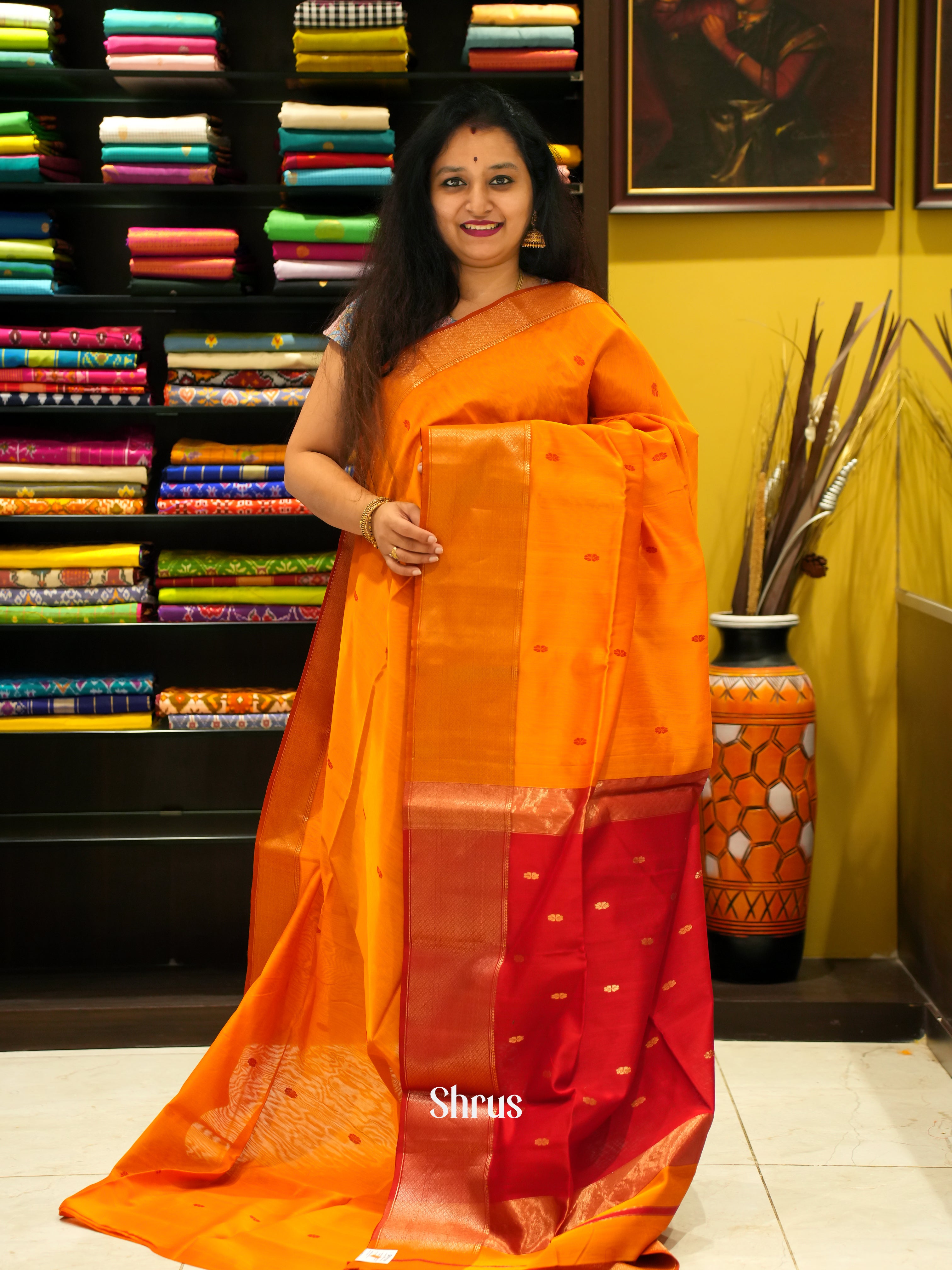Yellow & Red - Maheshwari silkcotton Saree - Shop on ShrusEternity.com