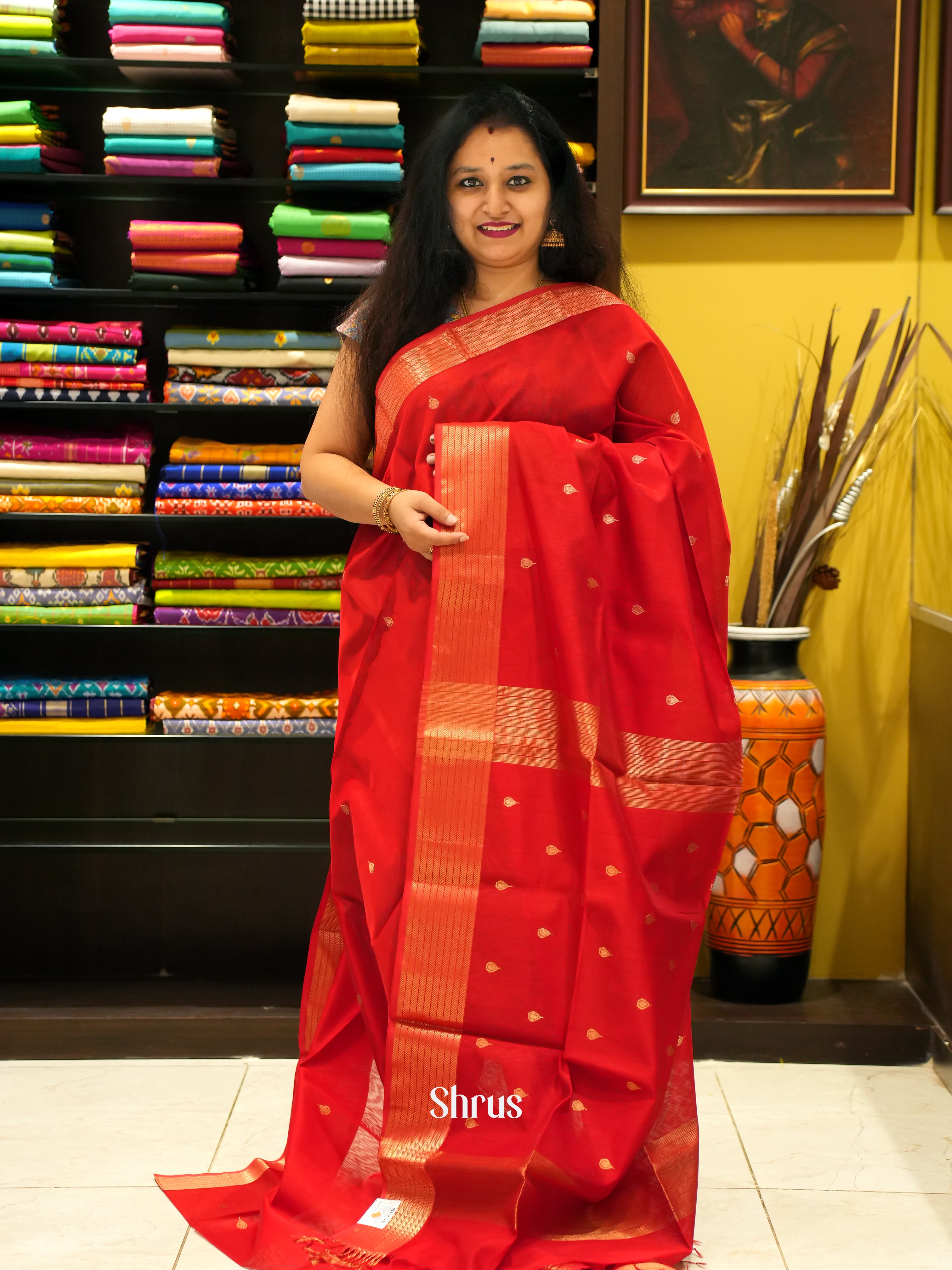 Red(Single Tone) - Maheshwari silkcotton Saree - Shop on ShrusEternity.com