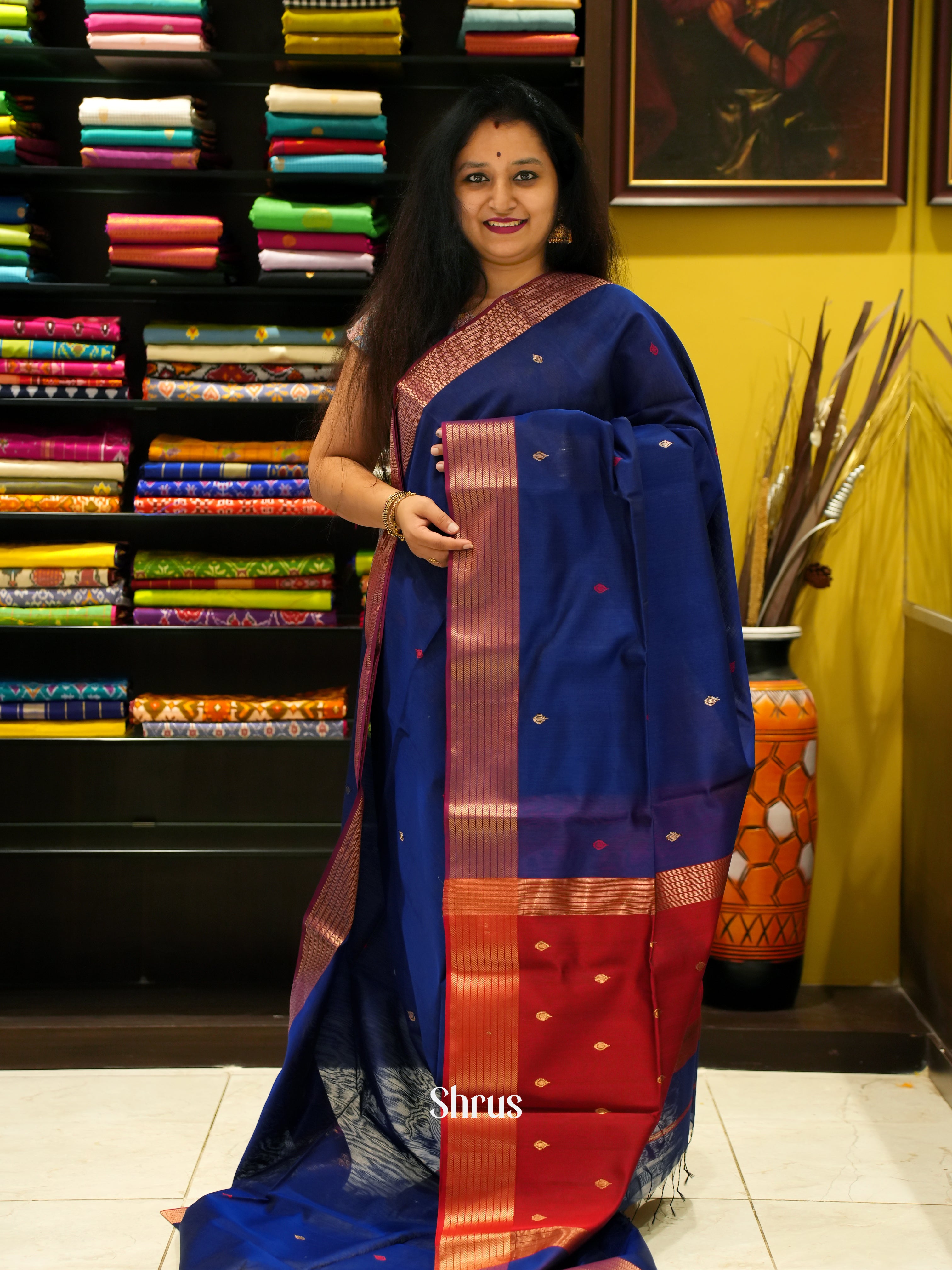 Blue & Red - Maheshwari silkcotton Saree - Shop on ShrusEternity.com