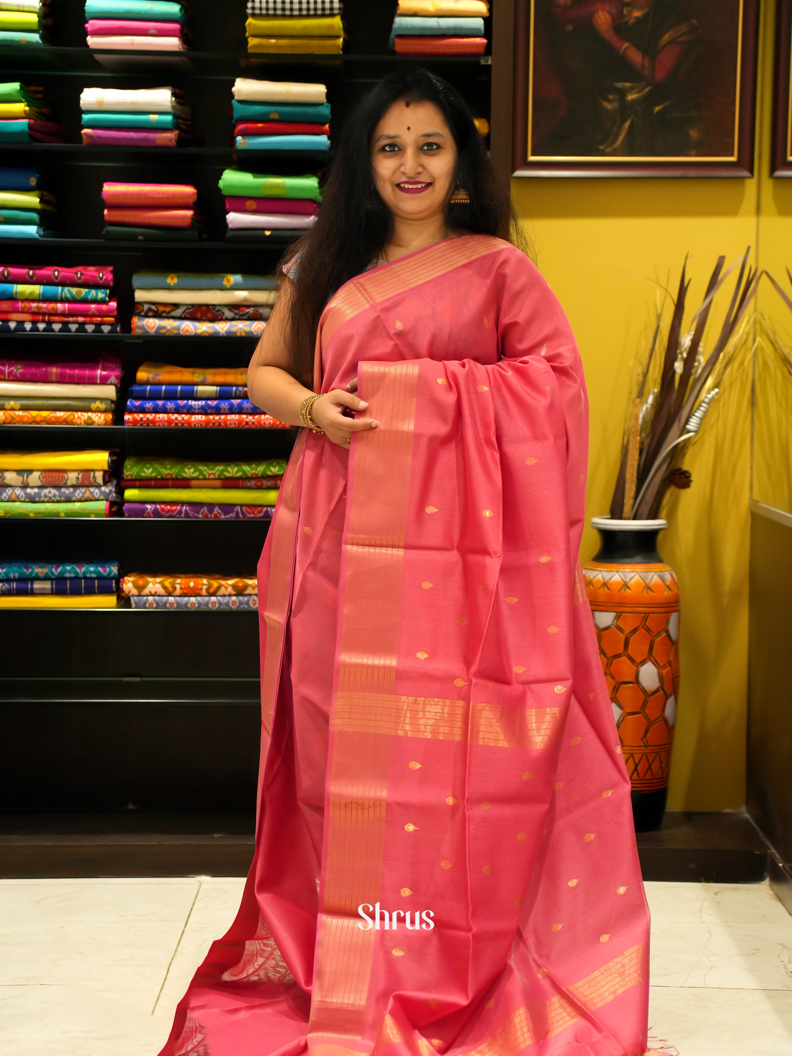 Pink (Single Tone)- Maheshwari silkcotton Saree - Shop on ShrusEternity.com