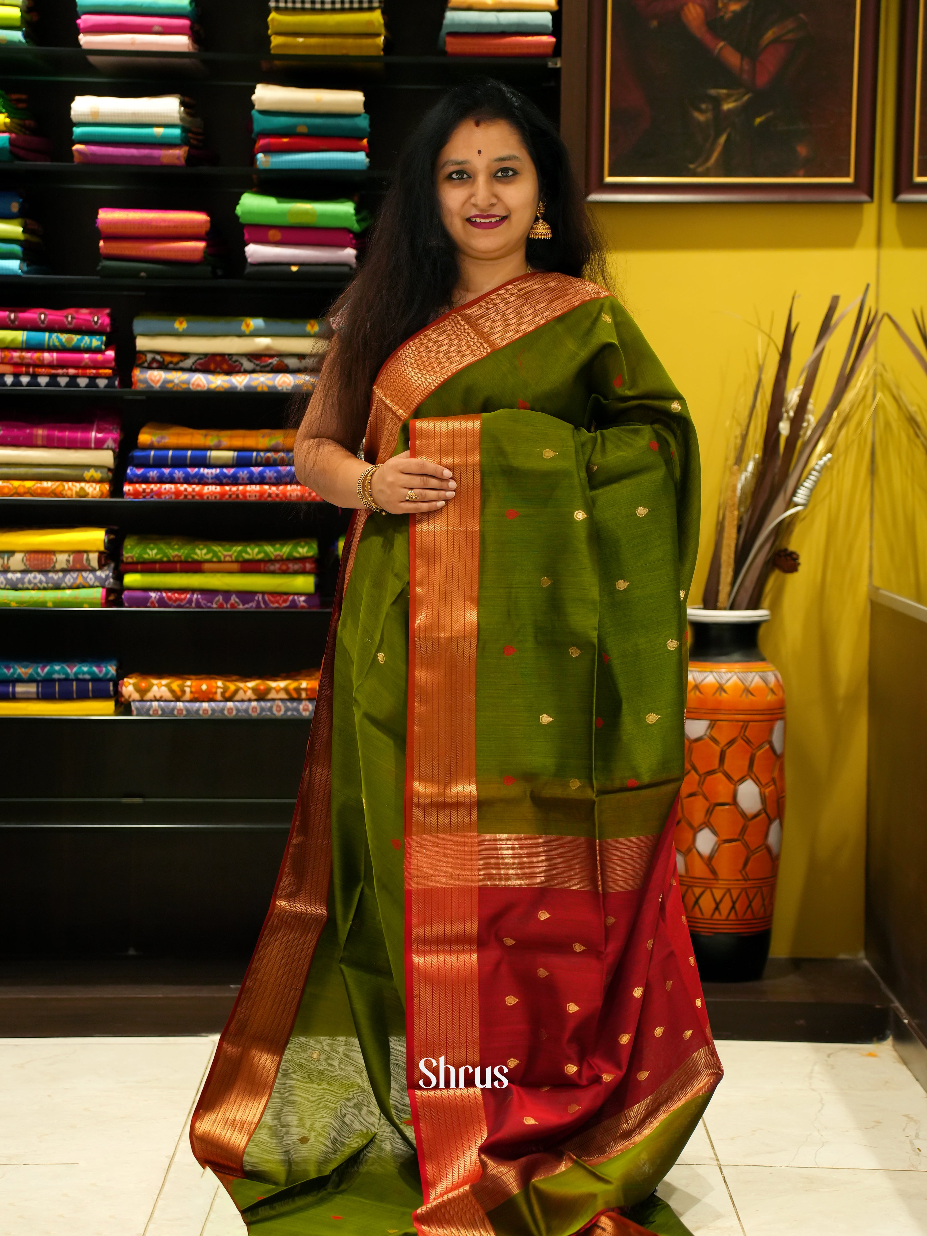 Green & Maroon - Maheshwari silkcotton Saree - Shop on ShrusEternity.com