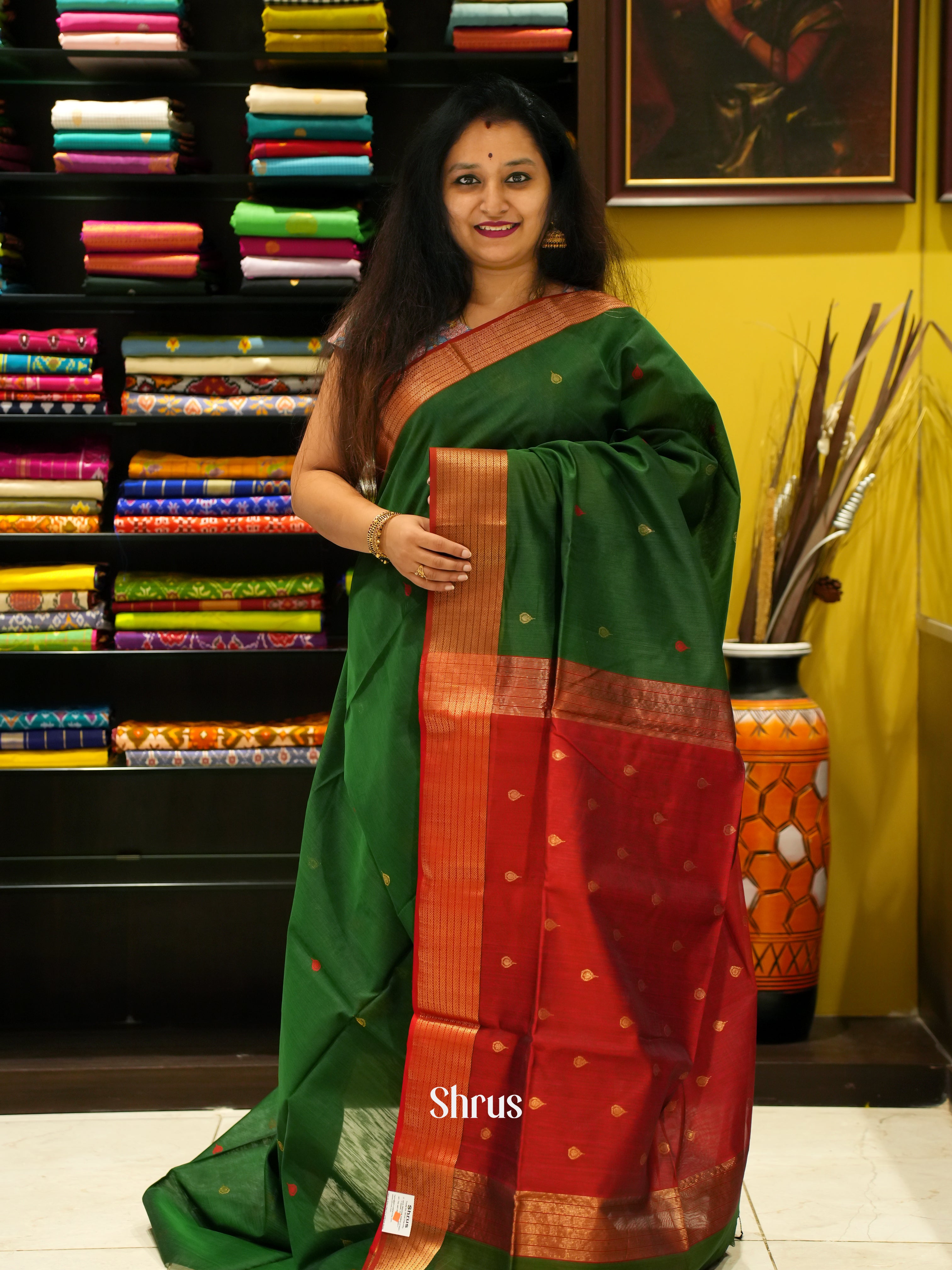Green & Red - Maheshwari silkcotton Saree - Shop on ShrusEternity.com