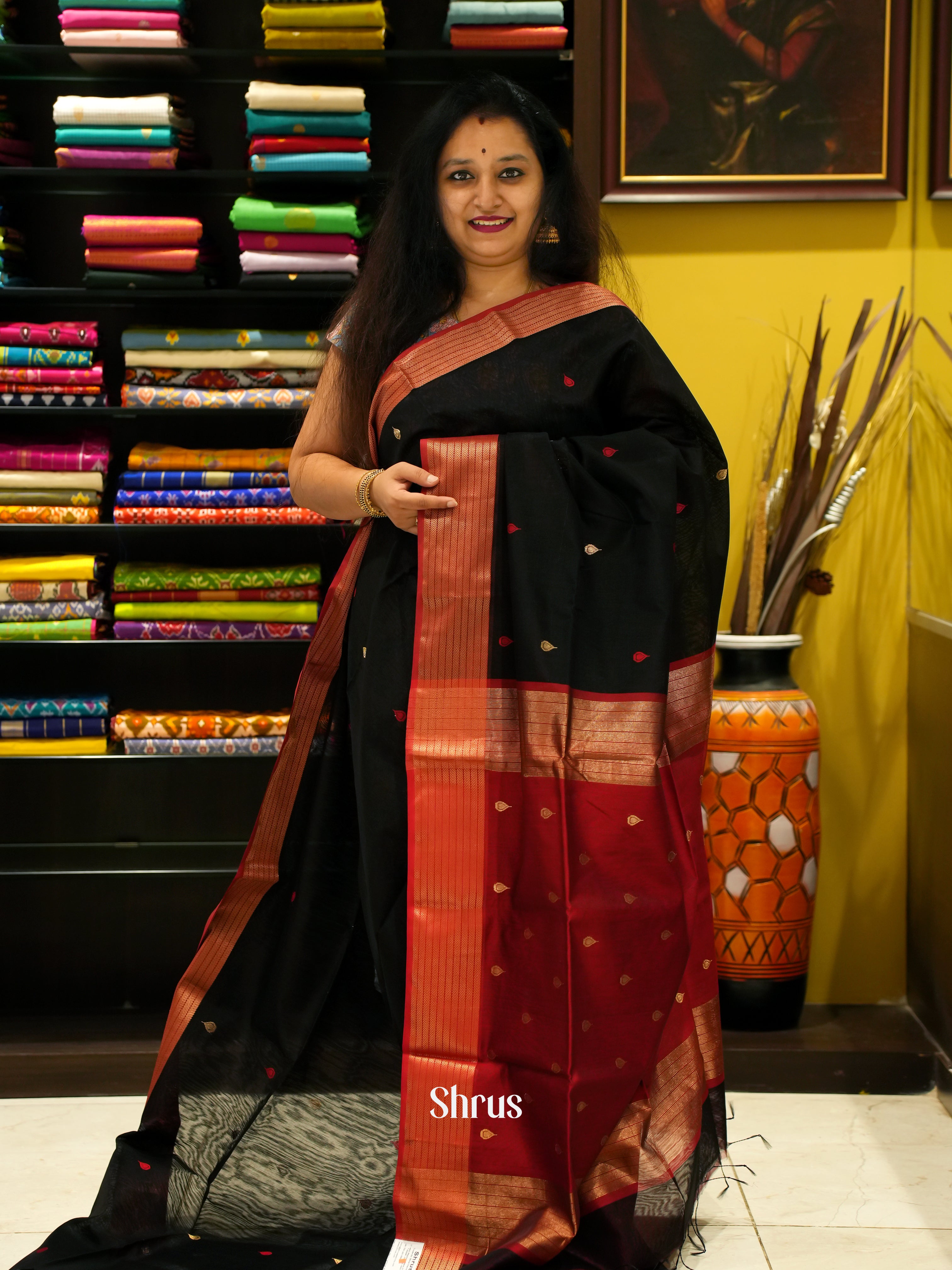 Black & Red - Maheshwari silkcotton Saree - Shop on ShrusEternity.com