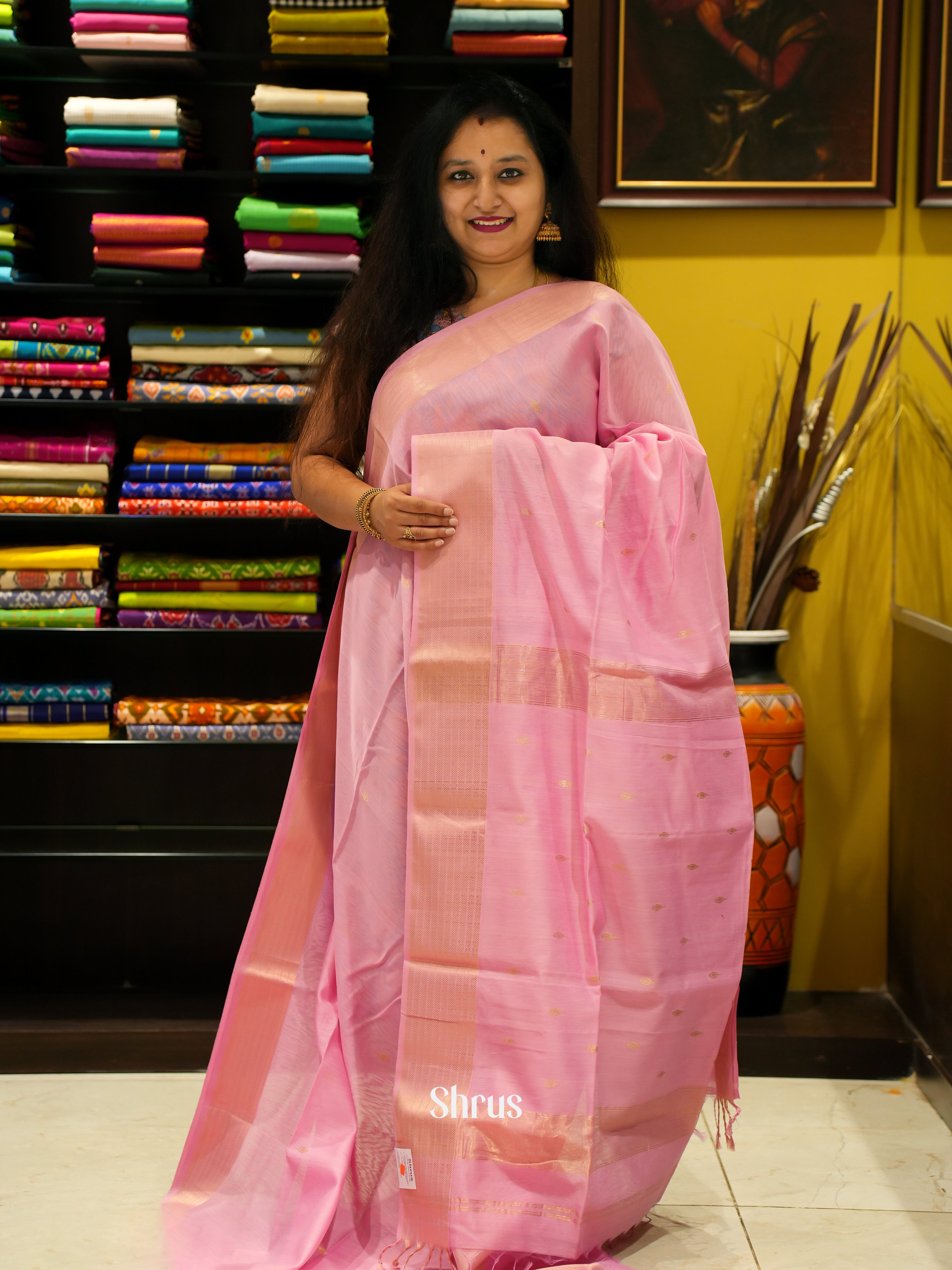 Pink(Single Tone)- Maheshwari silkcotton Saree - Shop on ShrusEternity.com