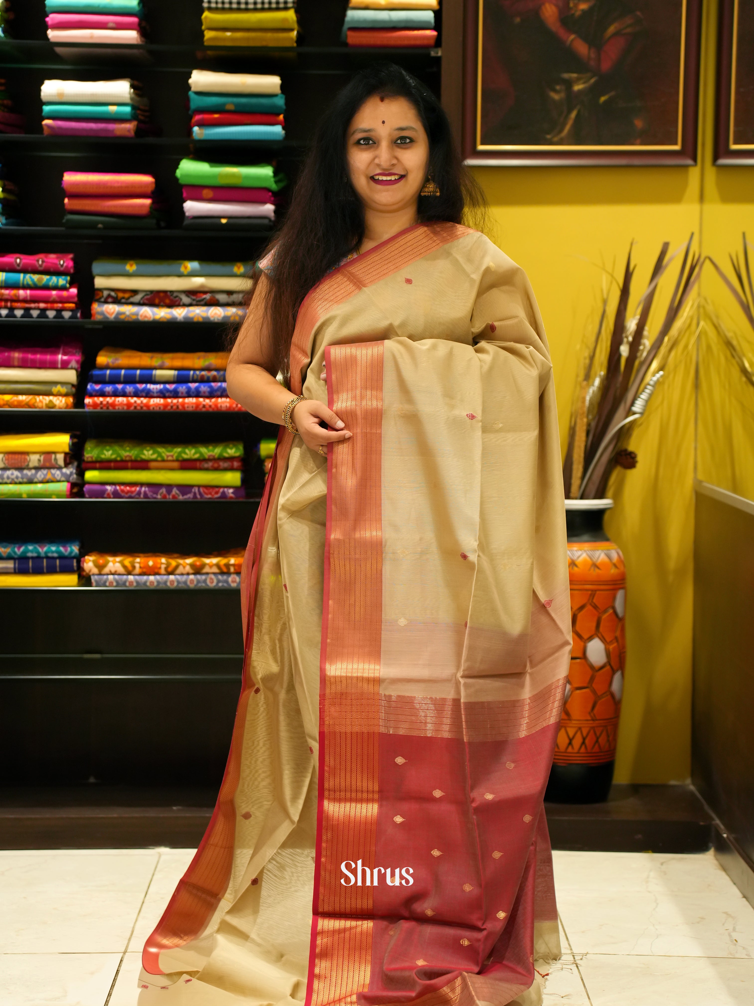 Beige & Brown - Maheshwari silkcotton Saree - Shop on ShrusEternity.com