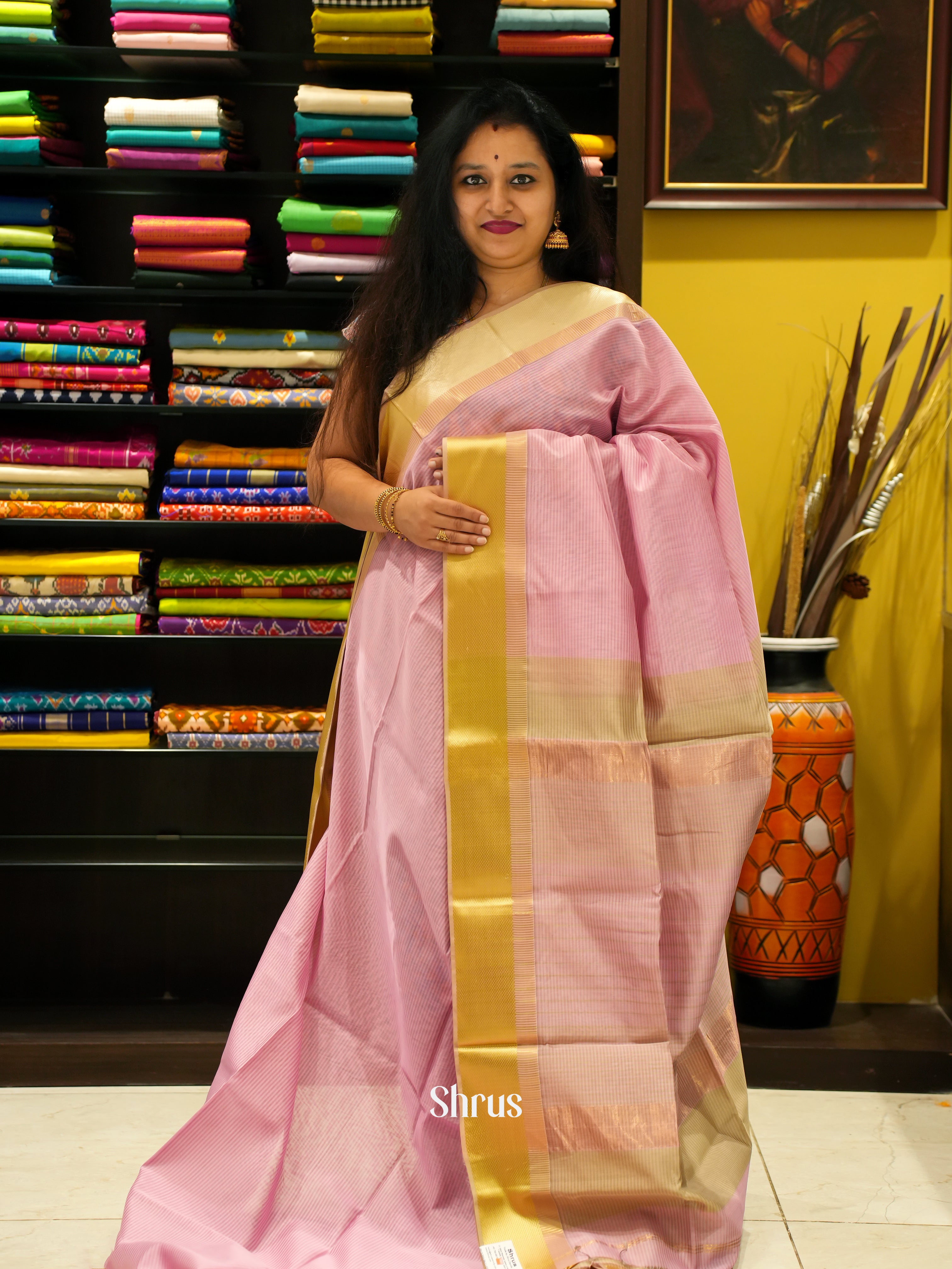 Pink& Dull Gold- Maheshwari silkcotton Saree - Shop on ShrusEternity.com