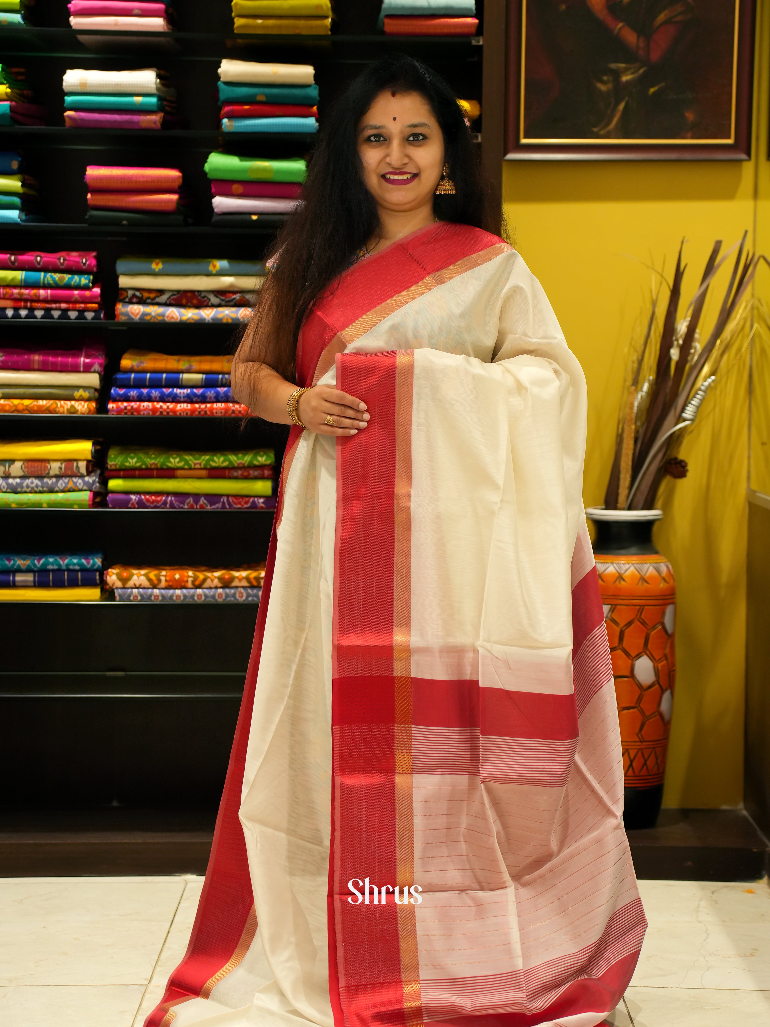 Cream & Red - Maheshwari silkcotton Saree - Shop on ShrusEternity.com