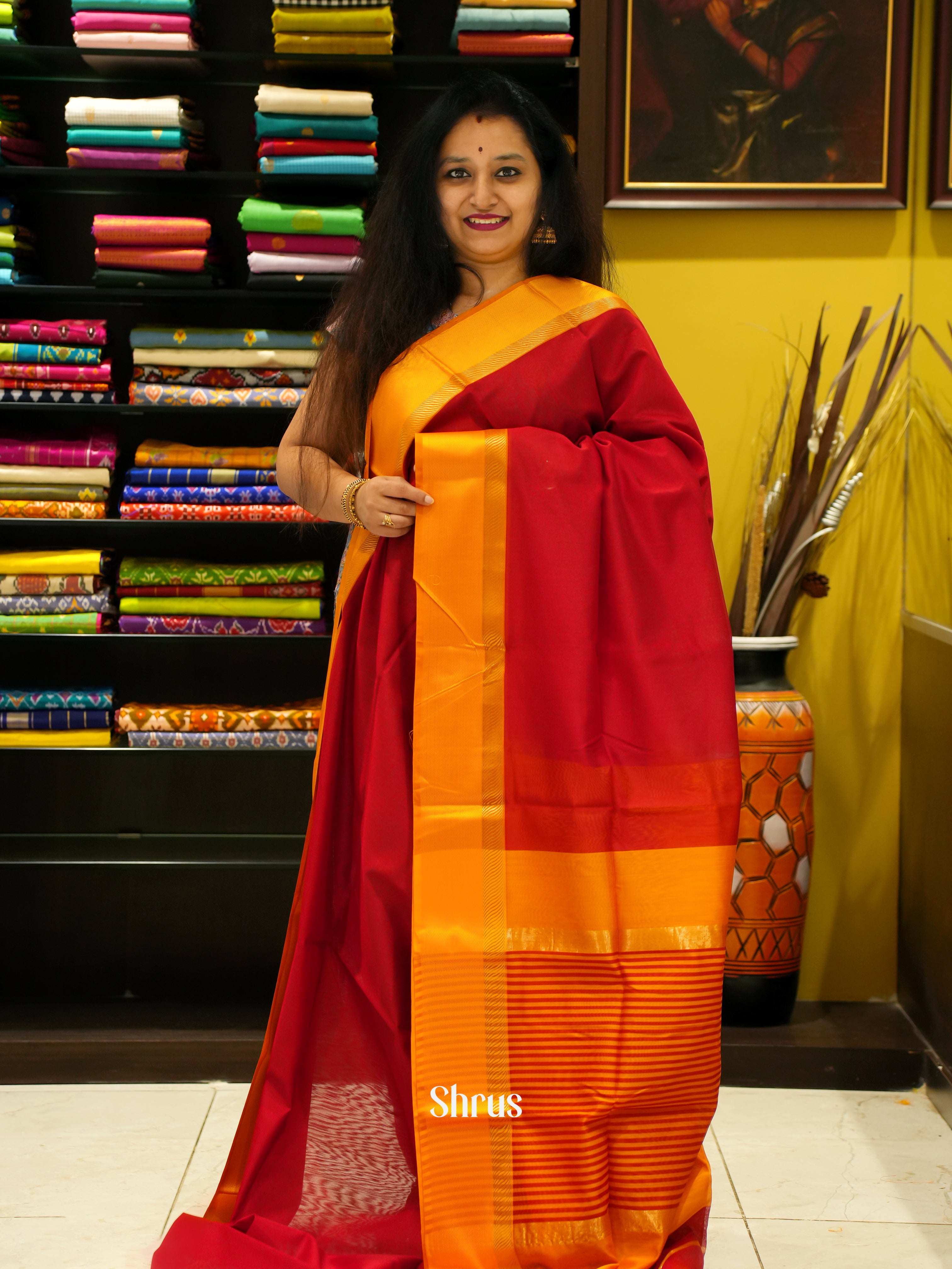Red & Orange - Maheshwari silkcotton Saree - Shop on ShrusEternity.com