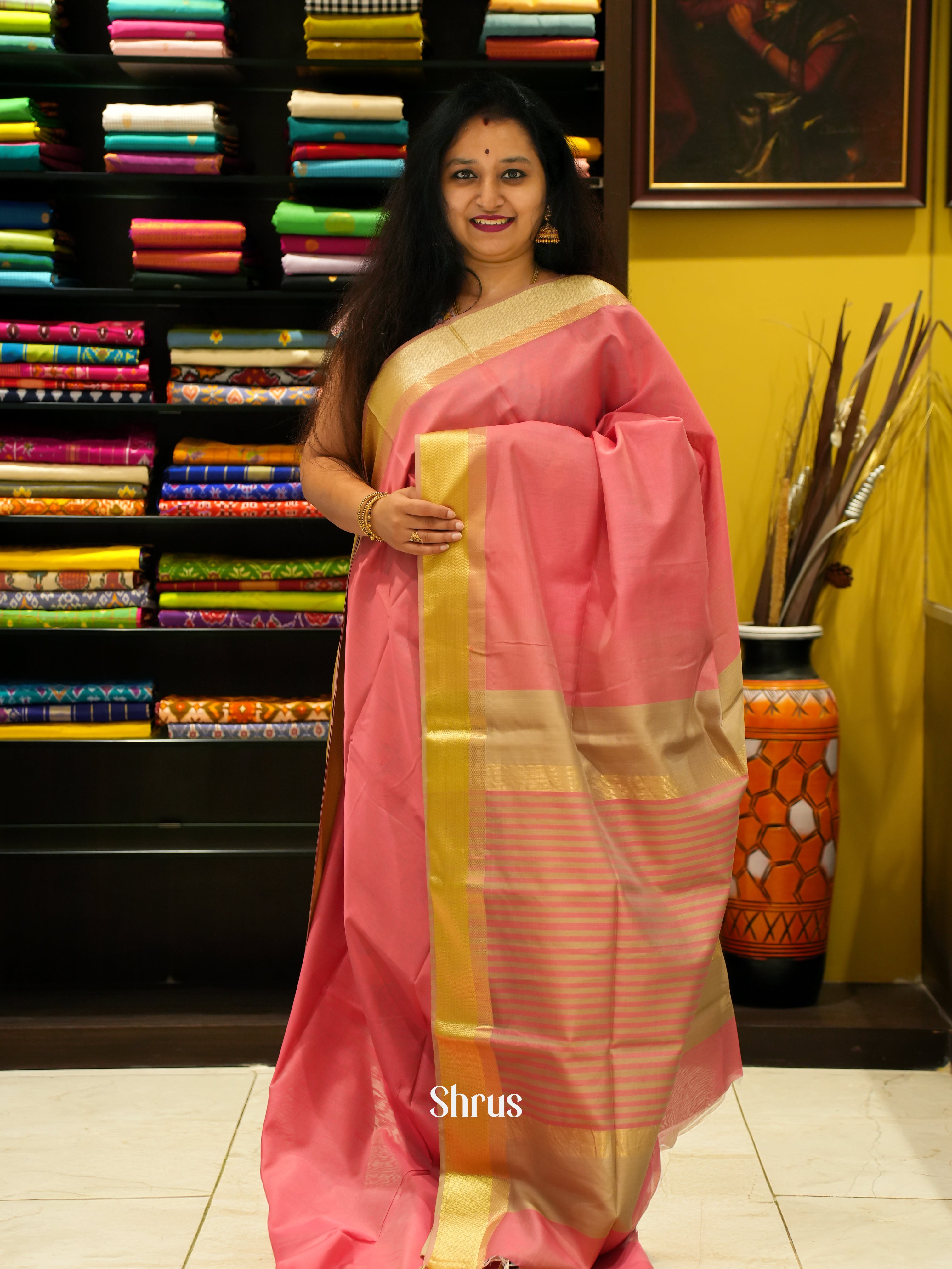 Pink & Gold - Maheshwari silkcotton Saree - Shop on ShrusEternity.com