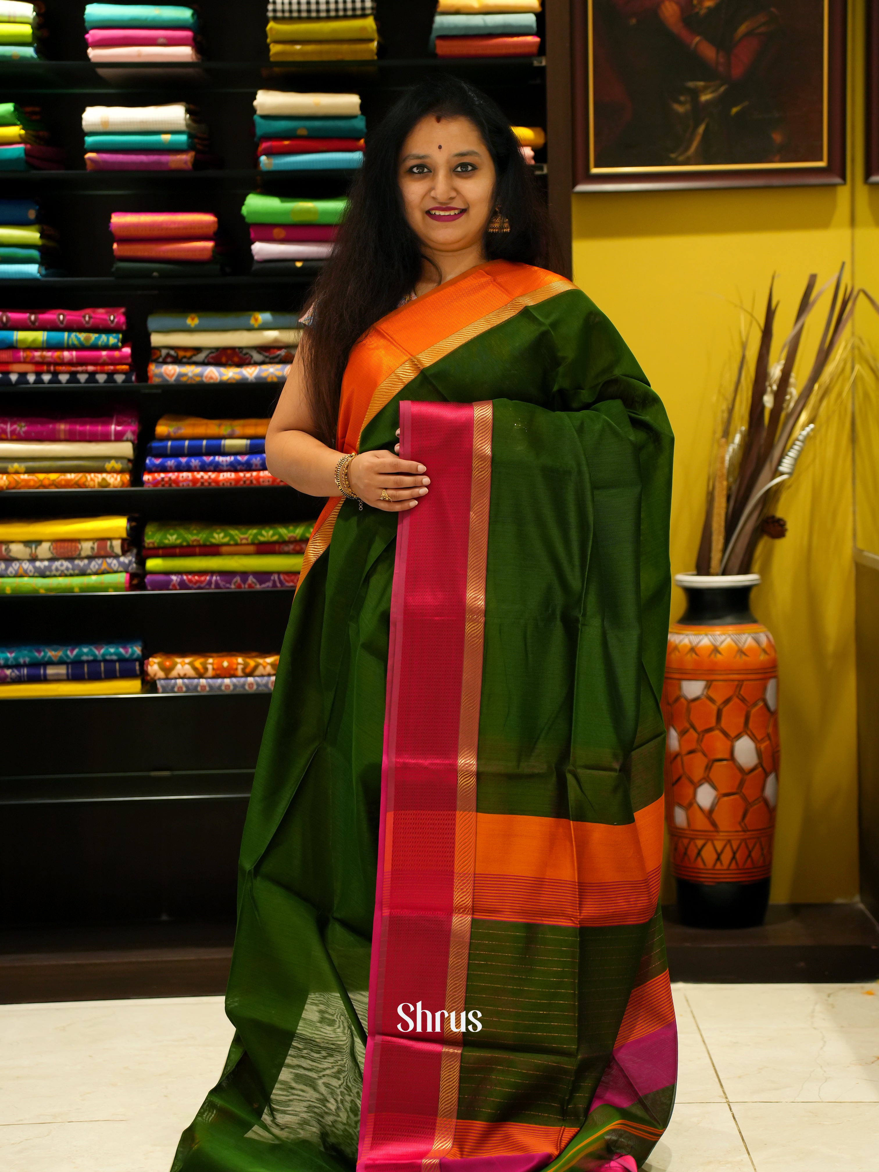 Green & Red - Maheshwari silkcotton Saree - Shop on ShrusEternity.com