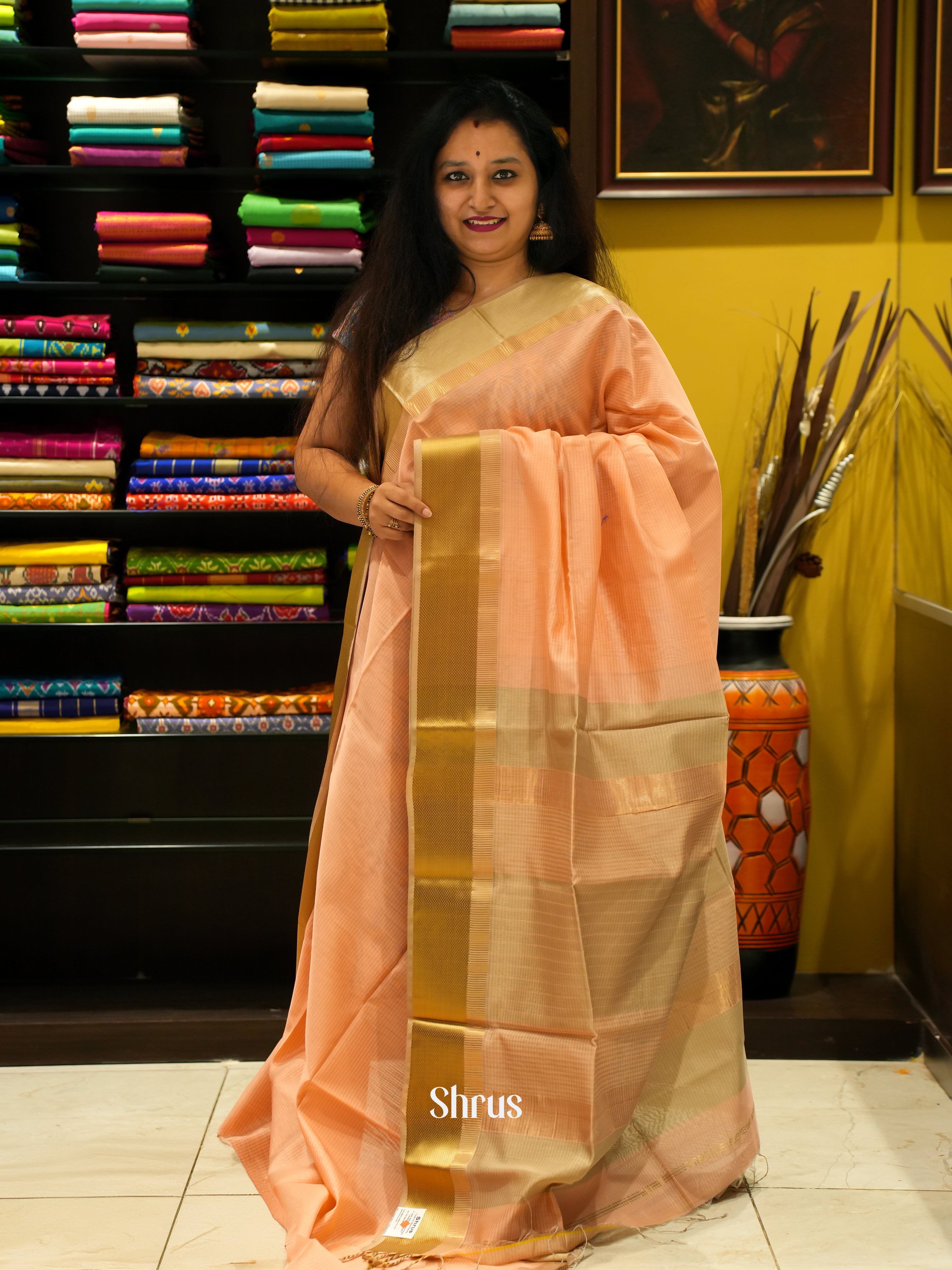 Peach & Gold - Maheshwari silkcotton Saree - Shop on ShrusEternity.com