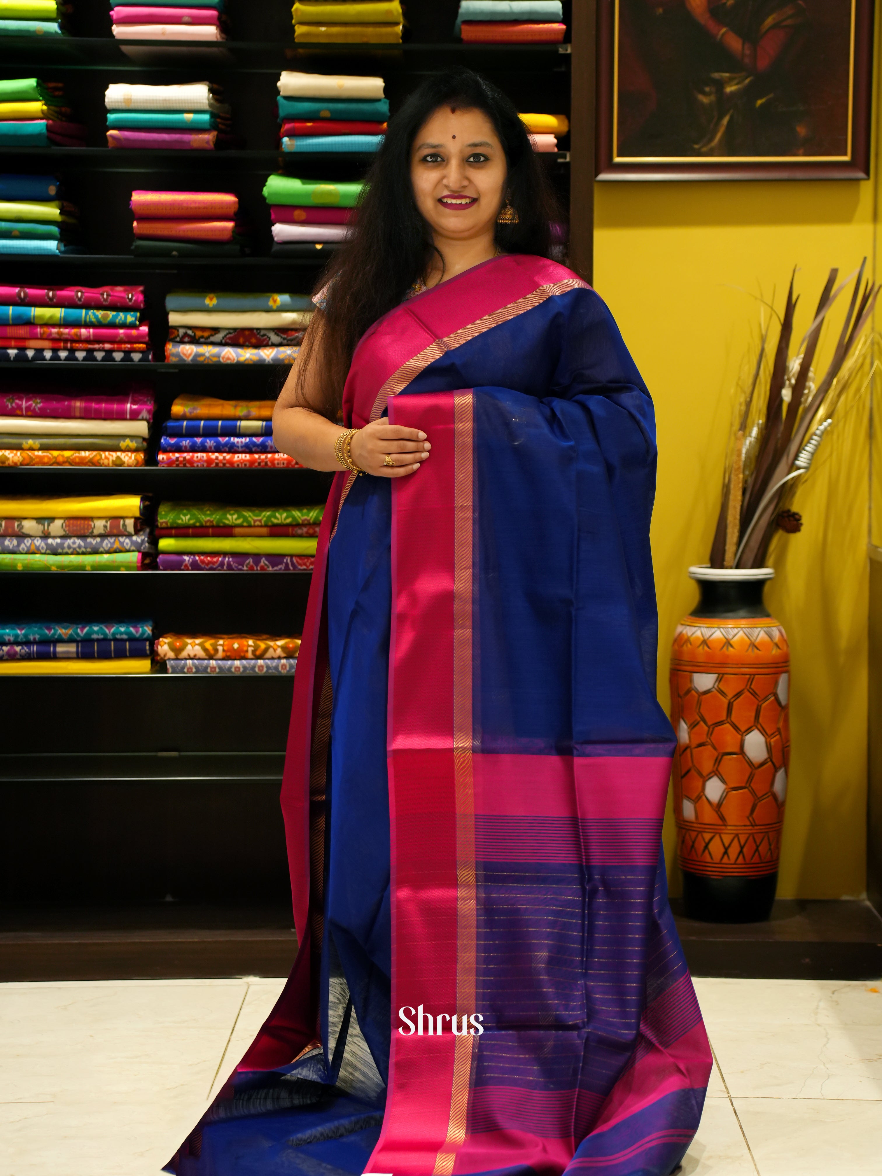 Blue & Red- Maheshwari silkcotton Saree - Shop on ShrusEternity.com
