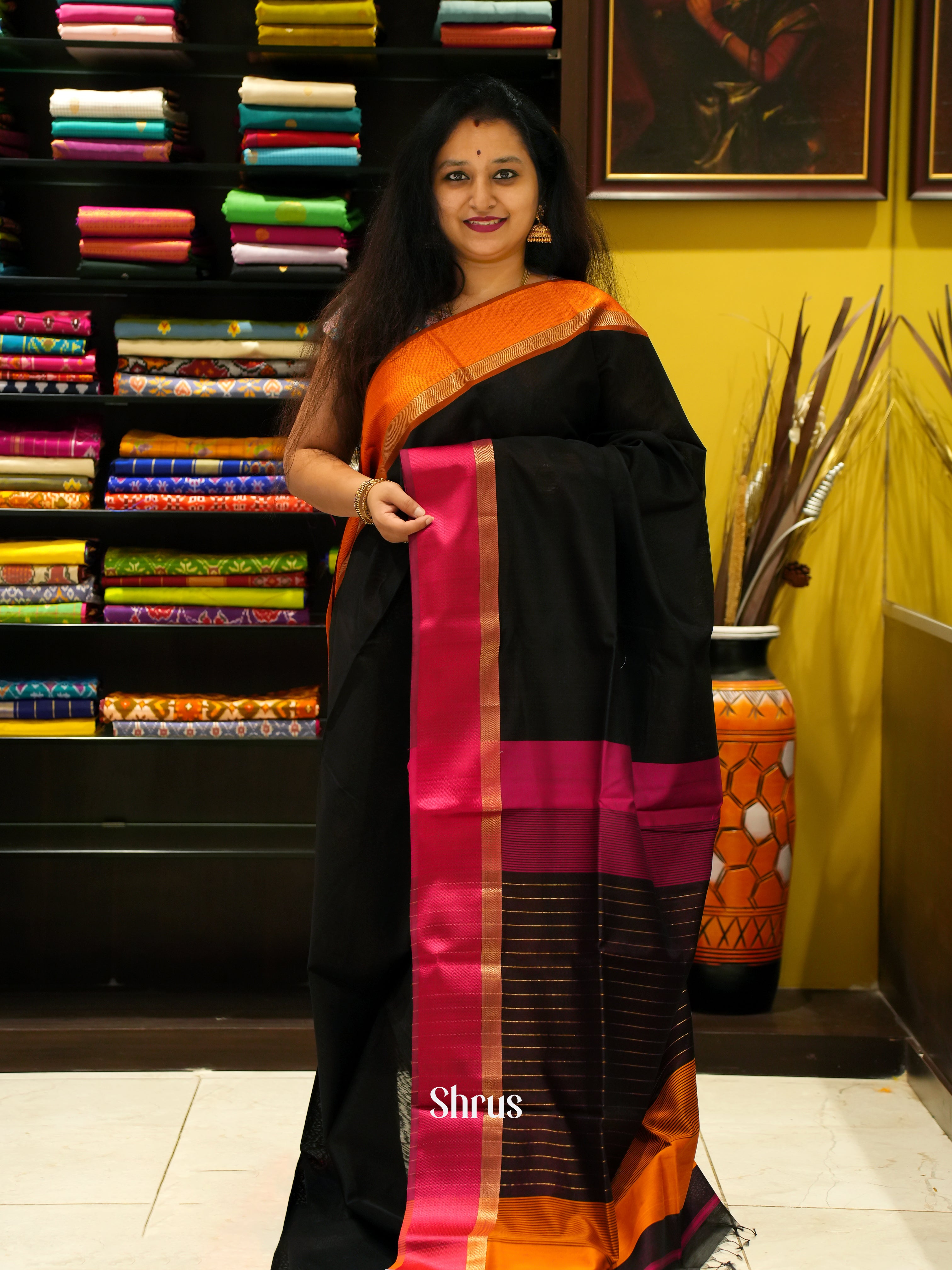 Black & Orange - Maheshwari silkcotton Saree - Shop on ShrusEternity.com