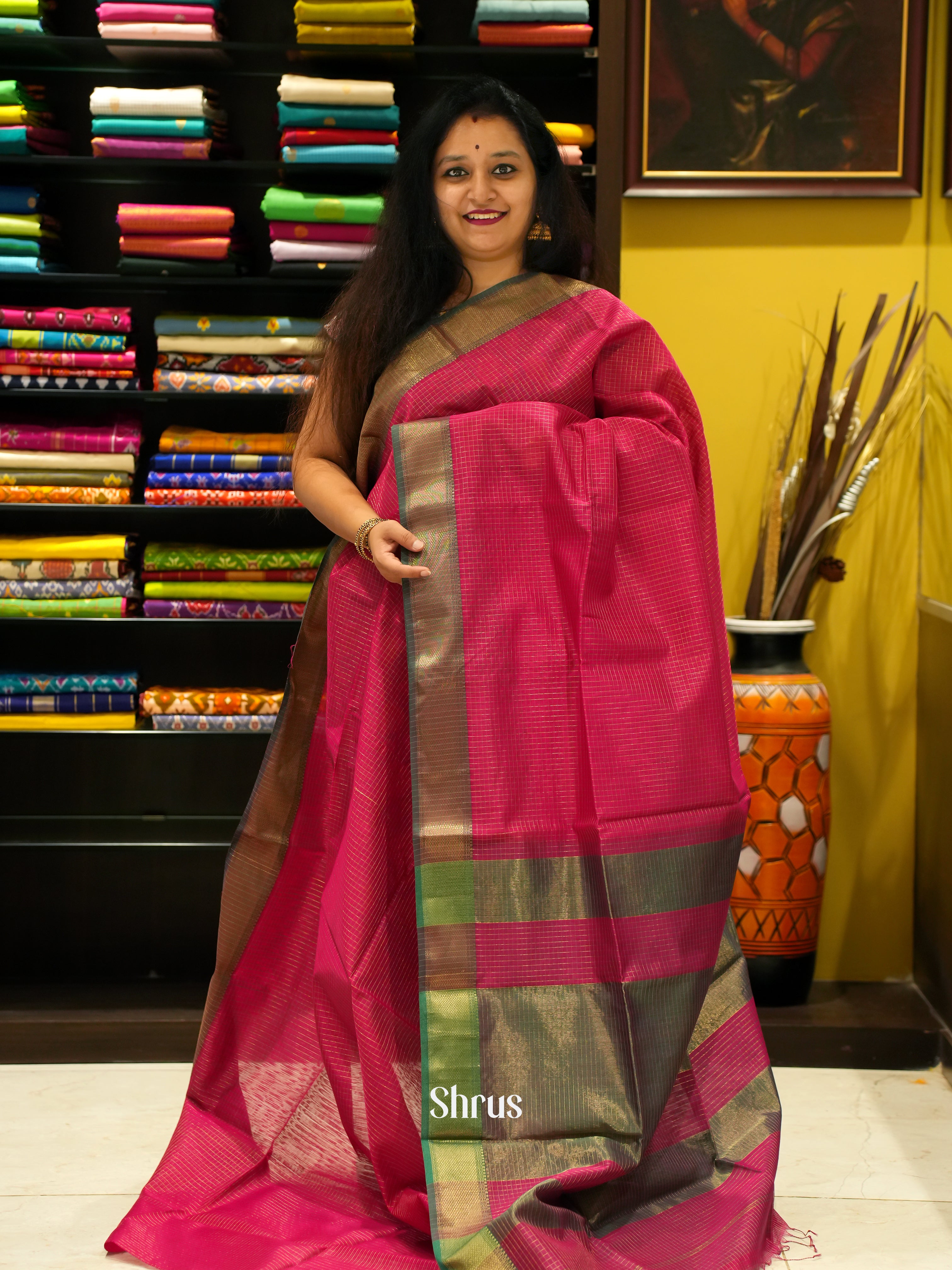 Majenta & Green - Maheshwari silkcotton Saree - Shop on ShrusEternity.com