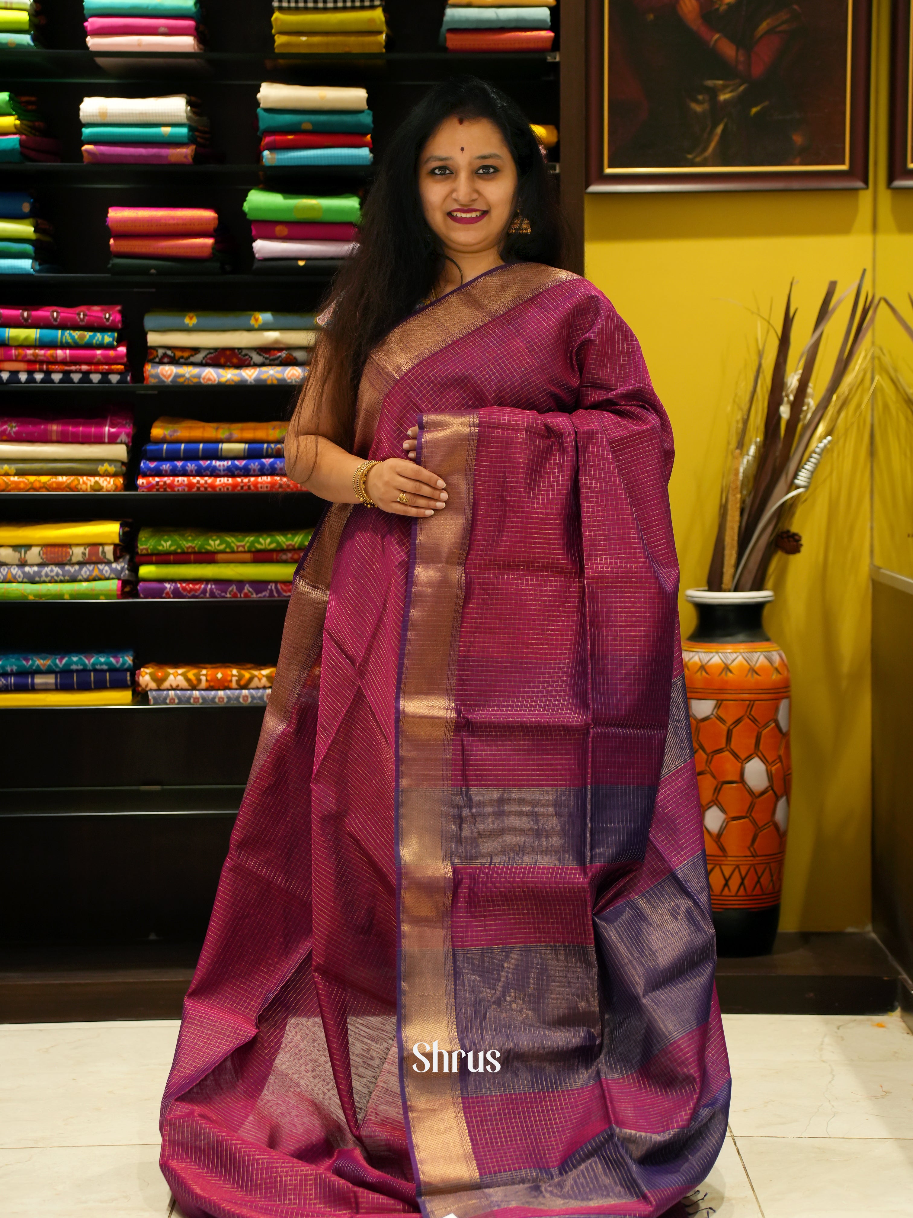 Majenta & Purple - Maheshwari silkcotton Saree - Shop on ShrusEternity.com