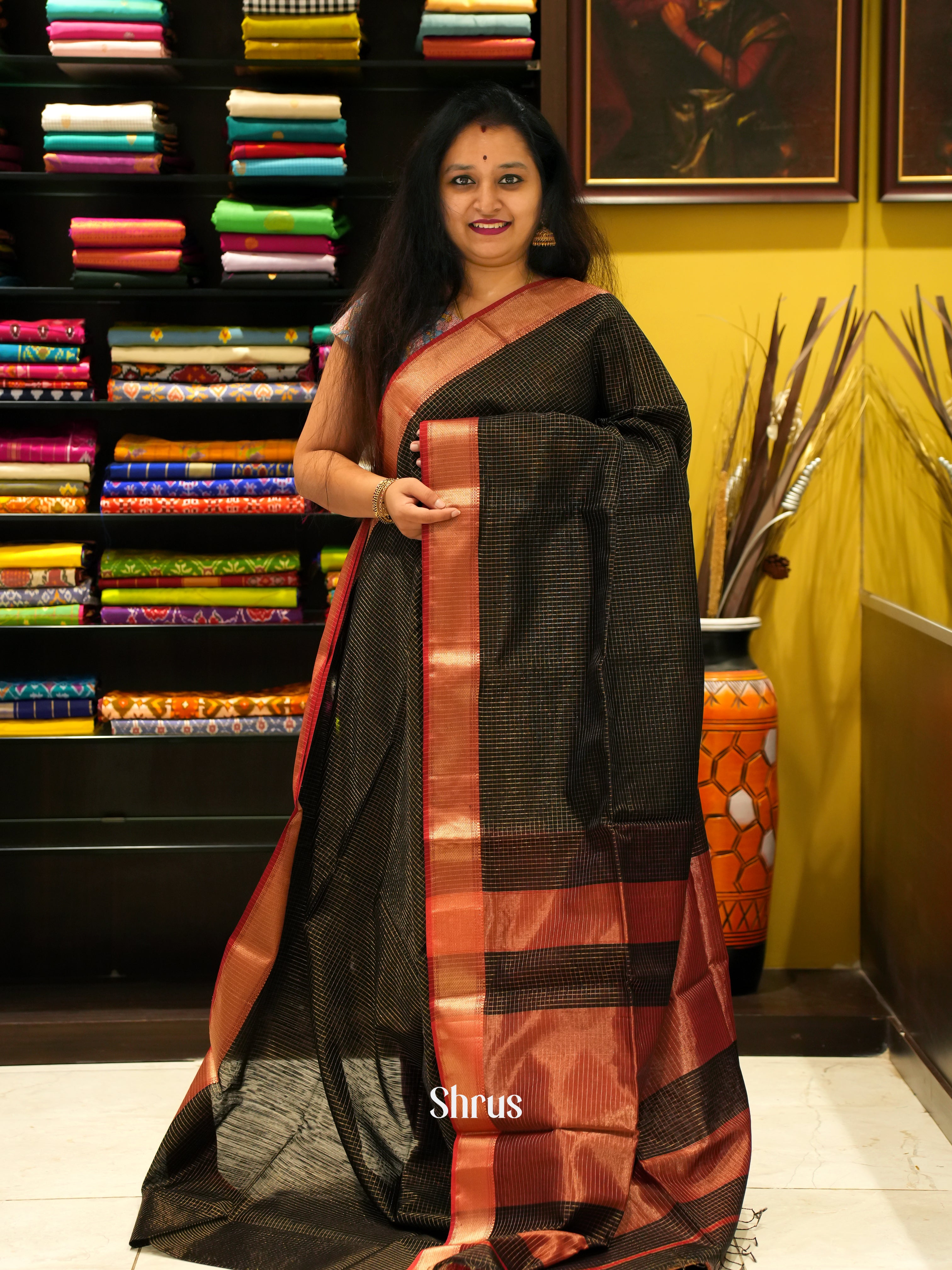 Black & Red - Maheshwari silkcotton Saree - Shop on ShrusEternity.com