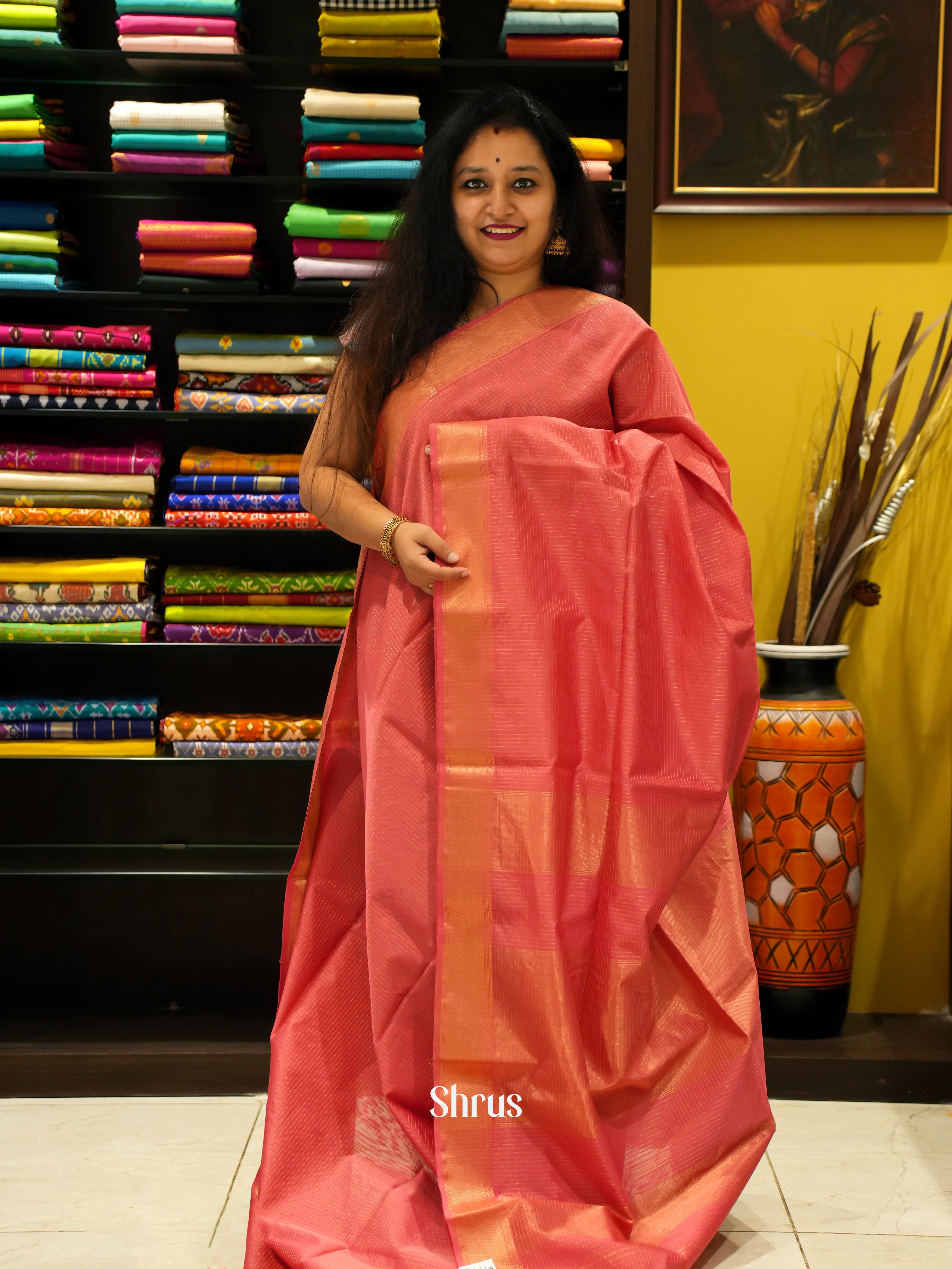 Pink(single Tone) - Maheshwari silkcotton Saree - Shop on ShrusEternity.com