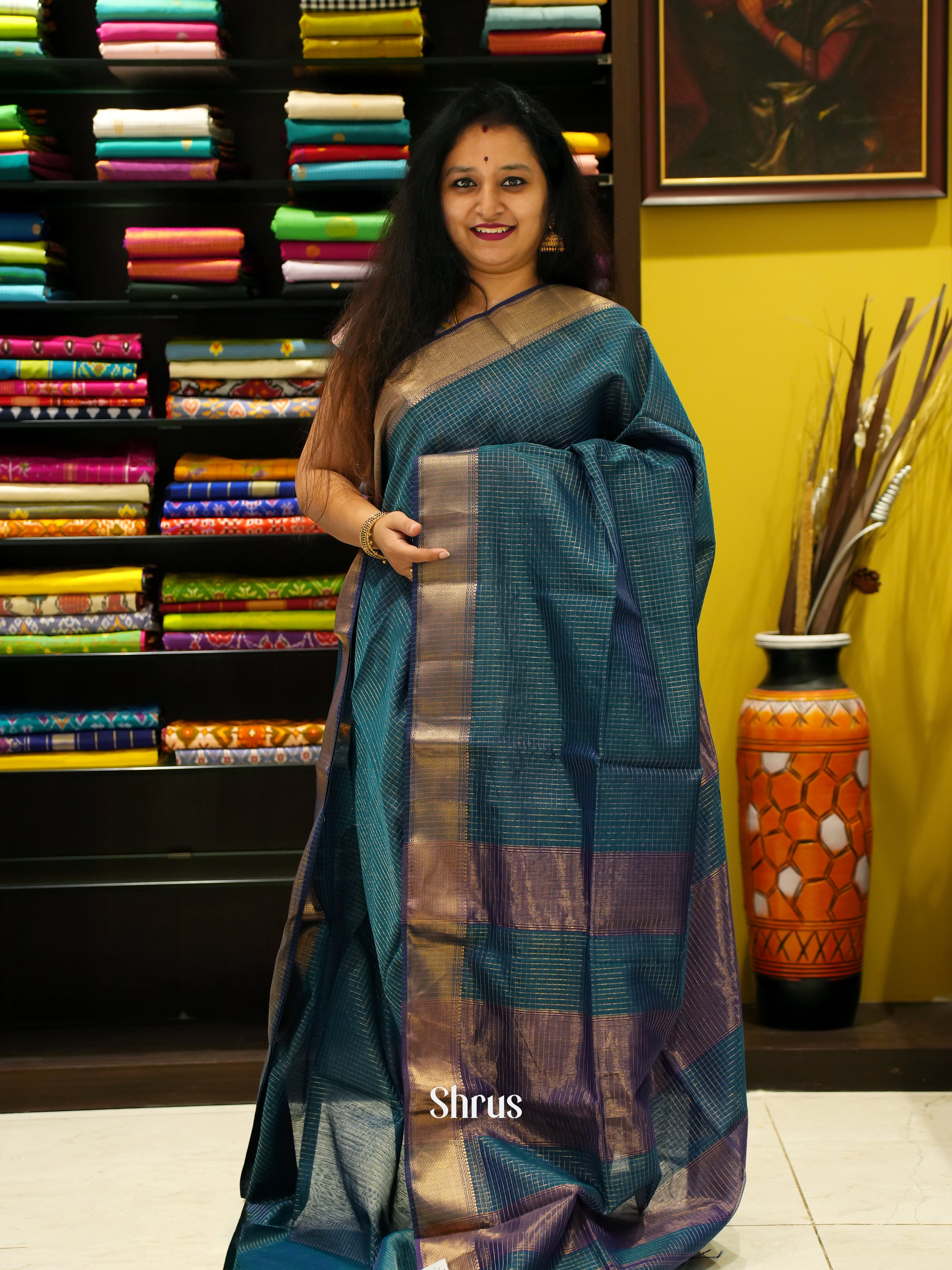 Peacock blue & Violet - Maheshwari silkcotton Saree - Shop on ShrusEternity.com