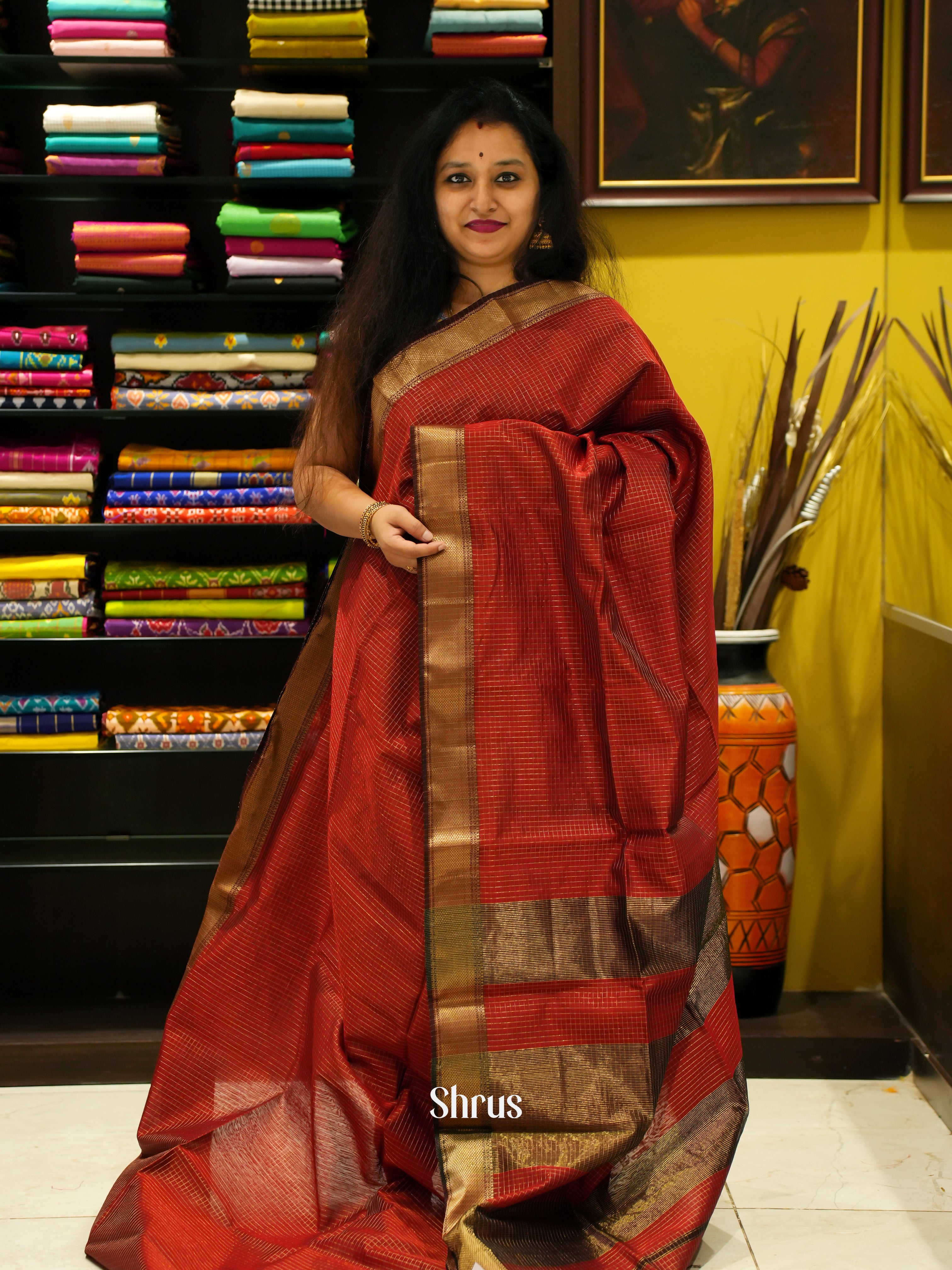 Arakku Maroon & Brown- Maheshwari silkcotton Saree - Shop on ShrusEternity.com