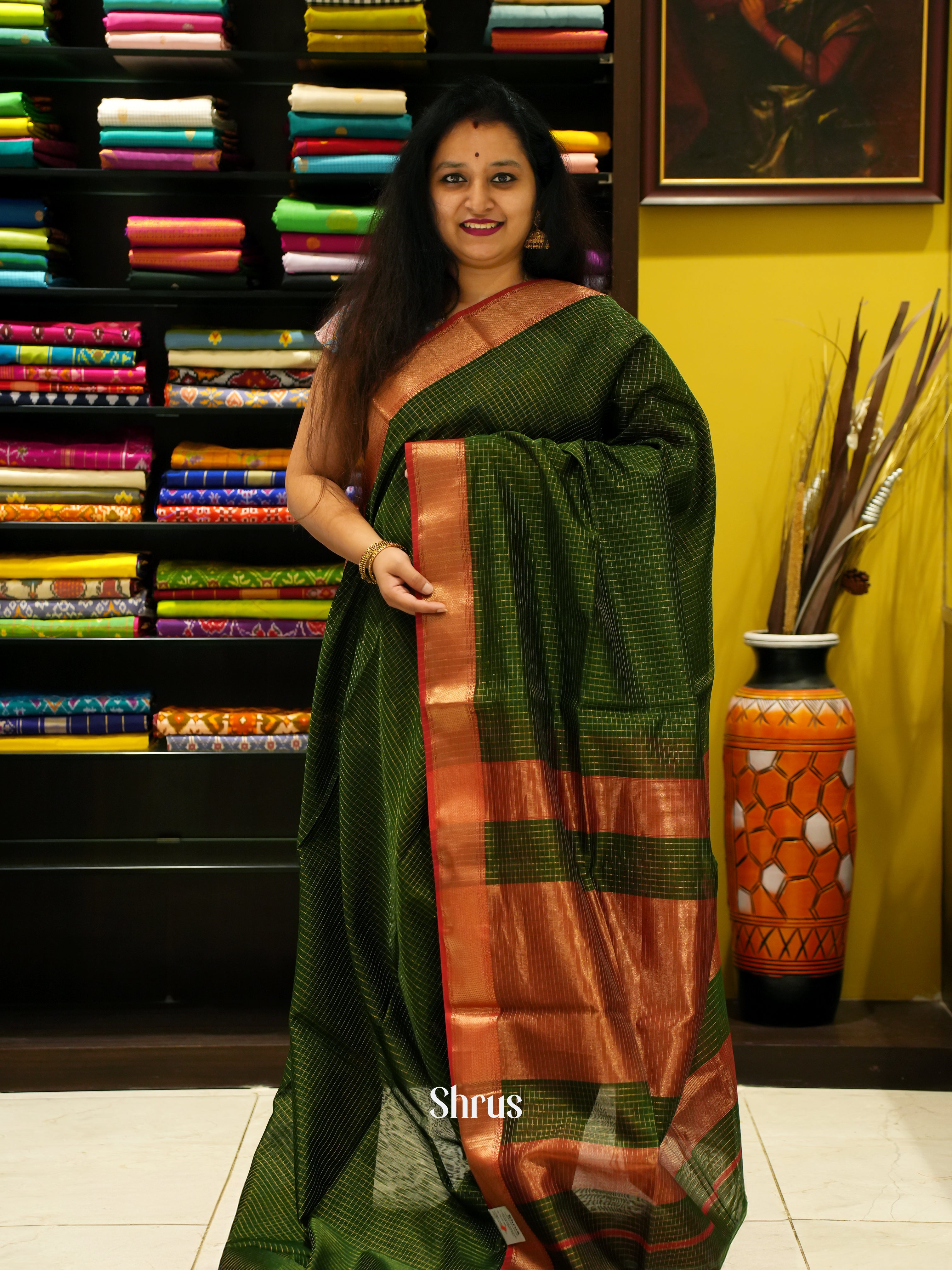 Green & Maroon - Maheshwari silkcotton Saree - Shop on ShrusEternity.com
