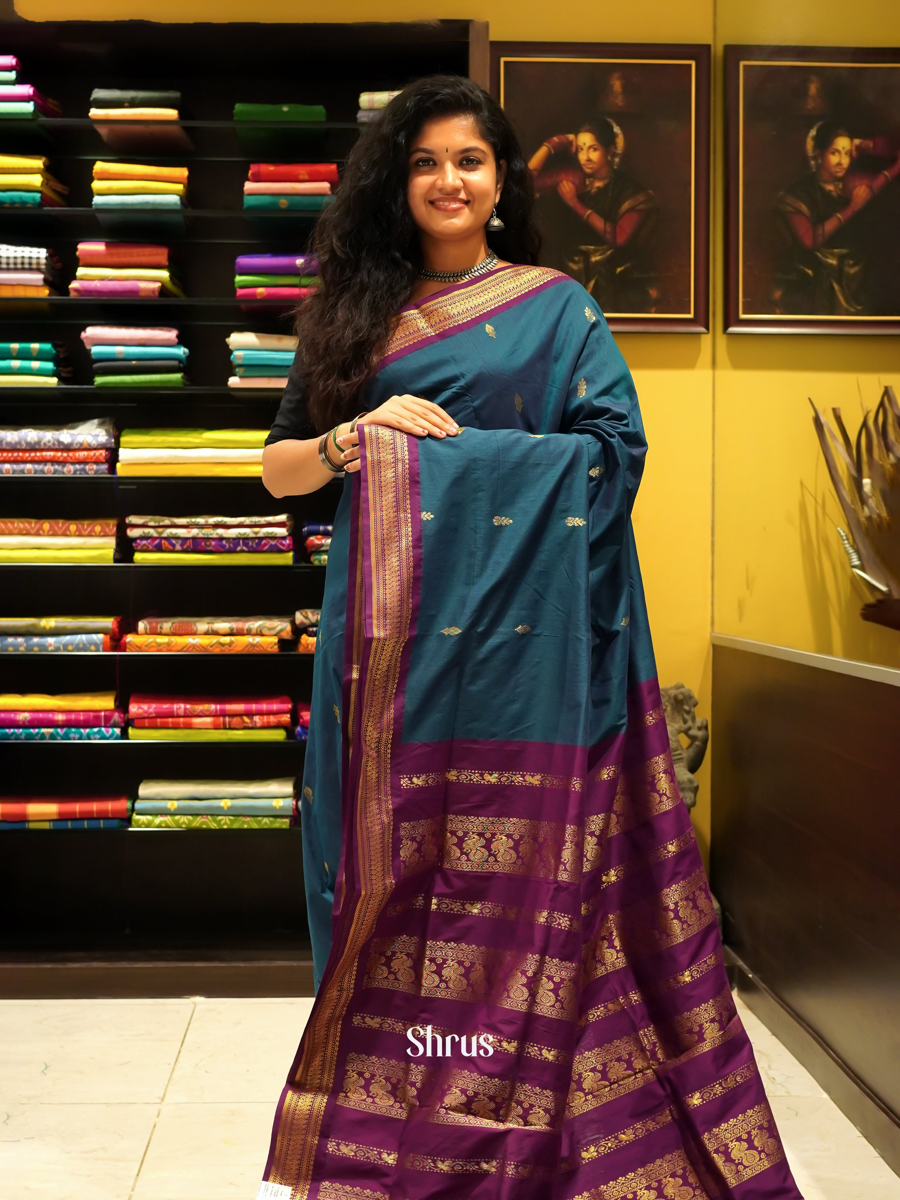 Peacock Blue & Purple - Kalyani Cotton - Shop on ShrusEternity.com