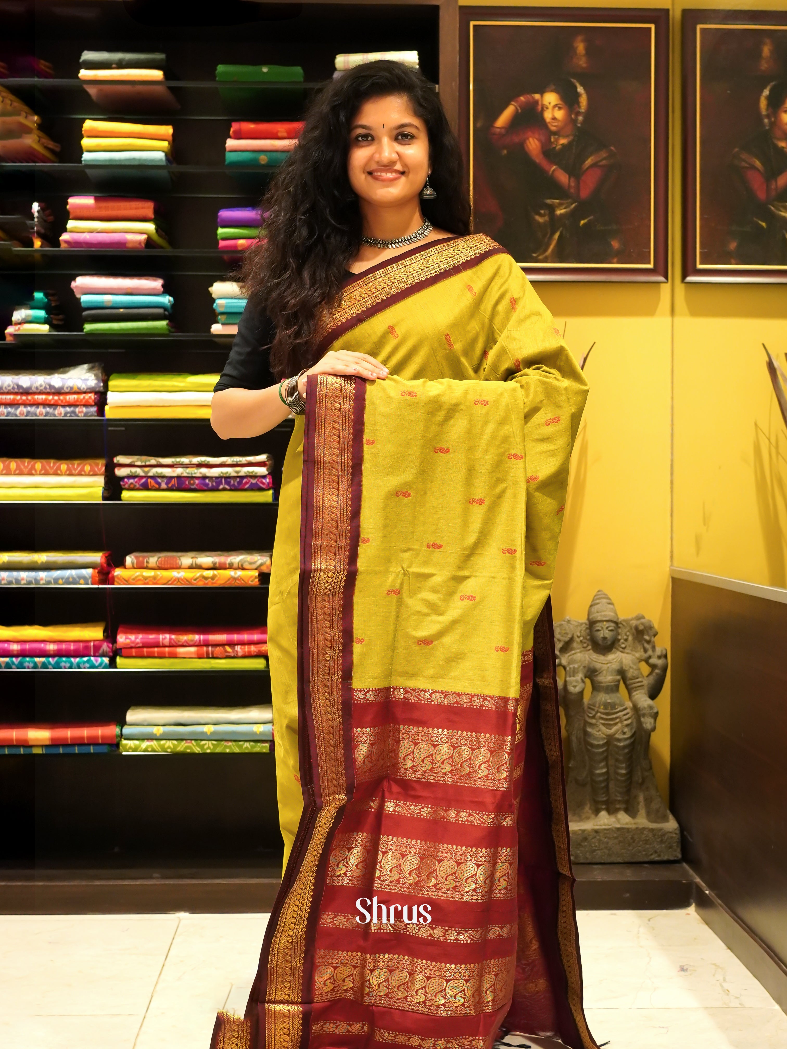 Mustardy Green & Maroon - Kalyani Cotton - Shop on ShrusEternity.com