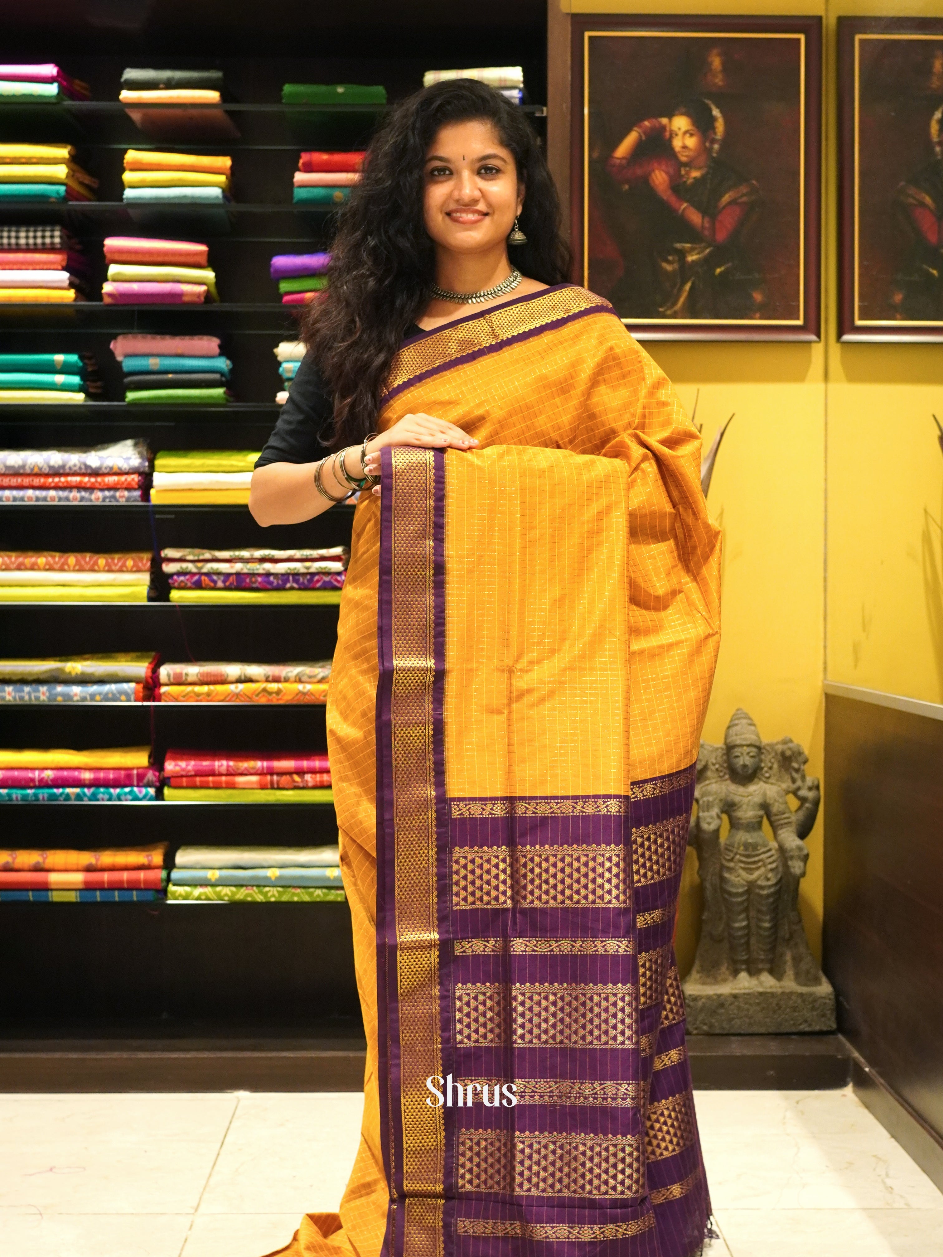 Yellow & Violet - Kalyani Cotton Saree - Shop on ShrusEternity.com