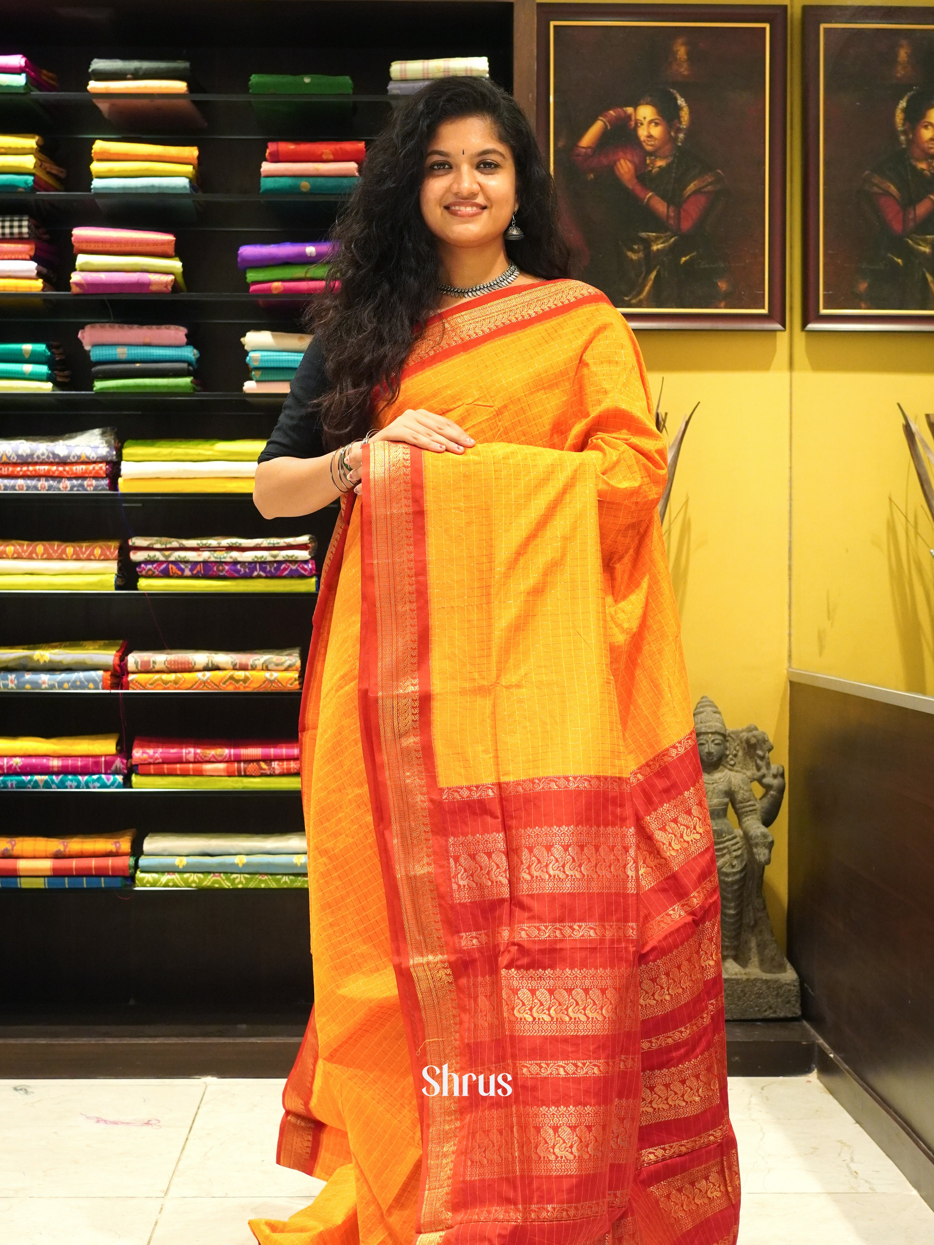 Yellow & Red - Kalyani Cotton Saree - Shop on ShrusEternity.com