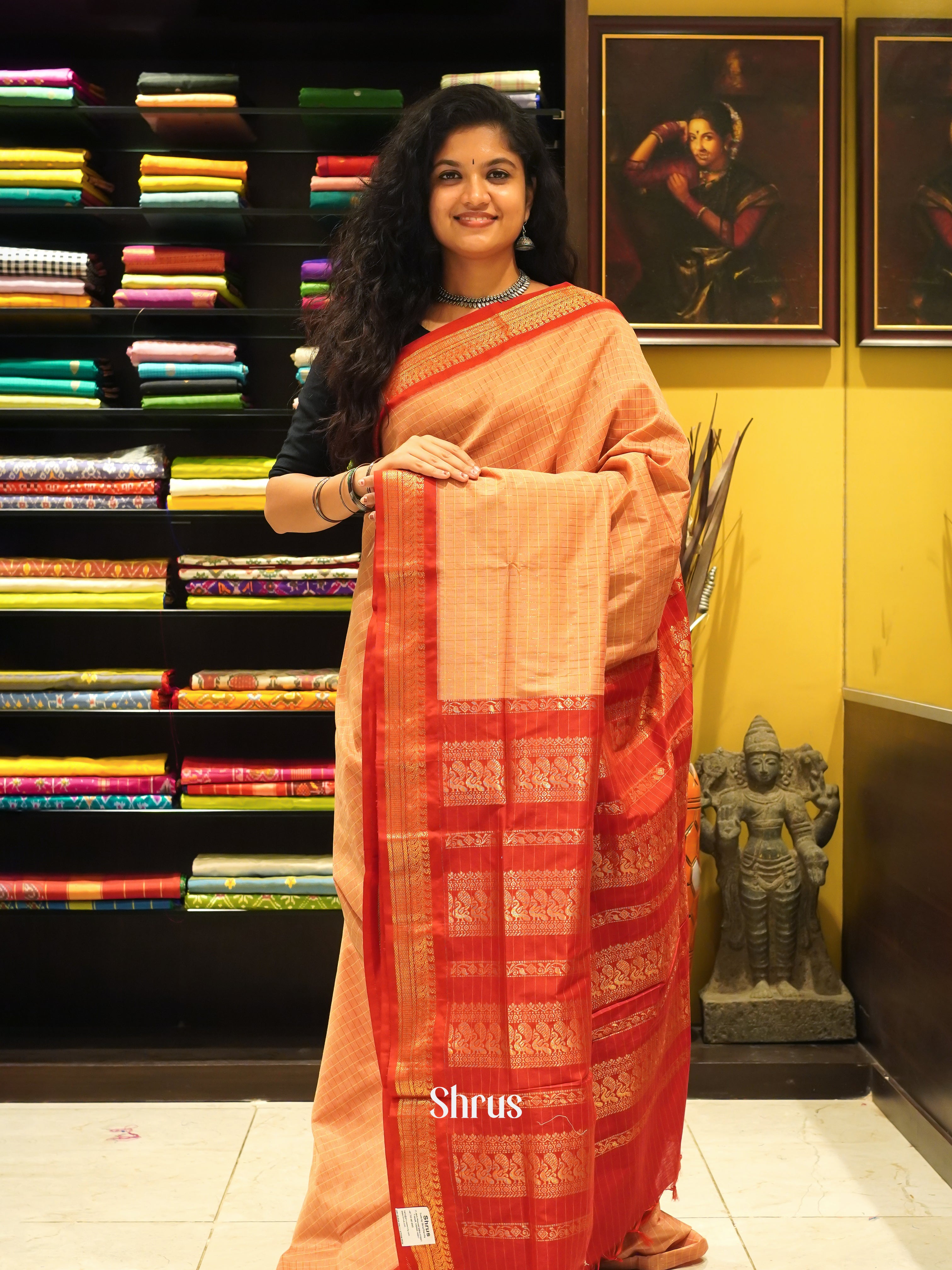 Peach & Red - Kalyani Cotton Saree - Shop on ShrusEternity.com