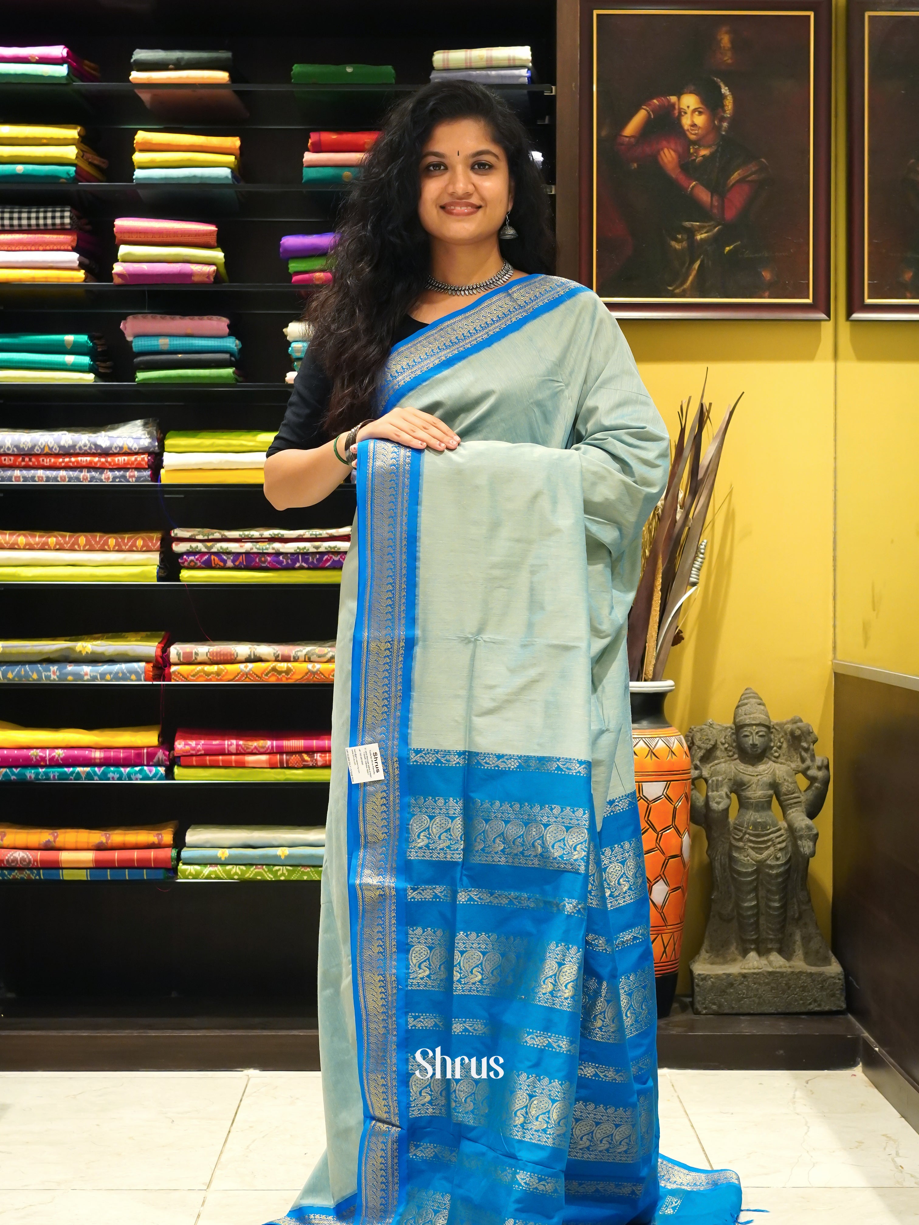 Grey & Blue - Kalyani Cotton Saree - Shop on ShrusEternity.com