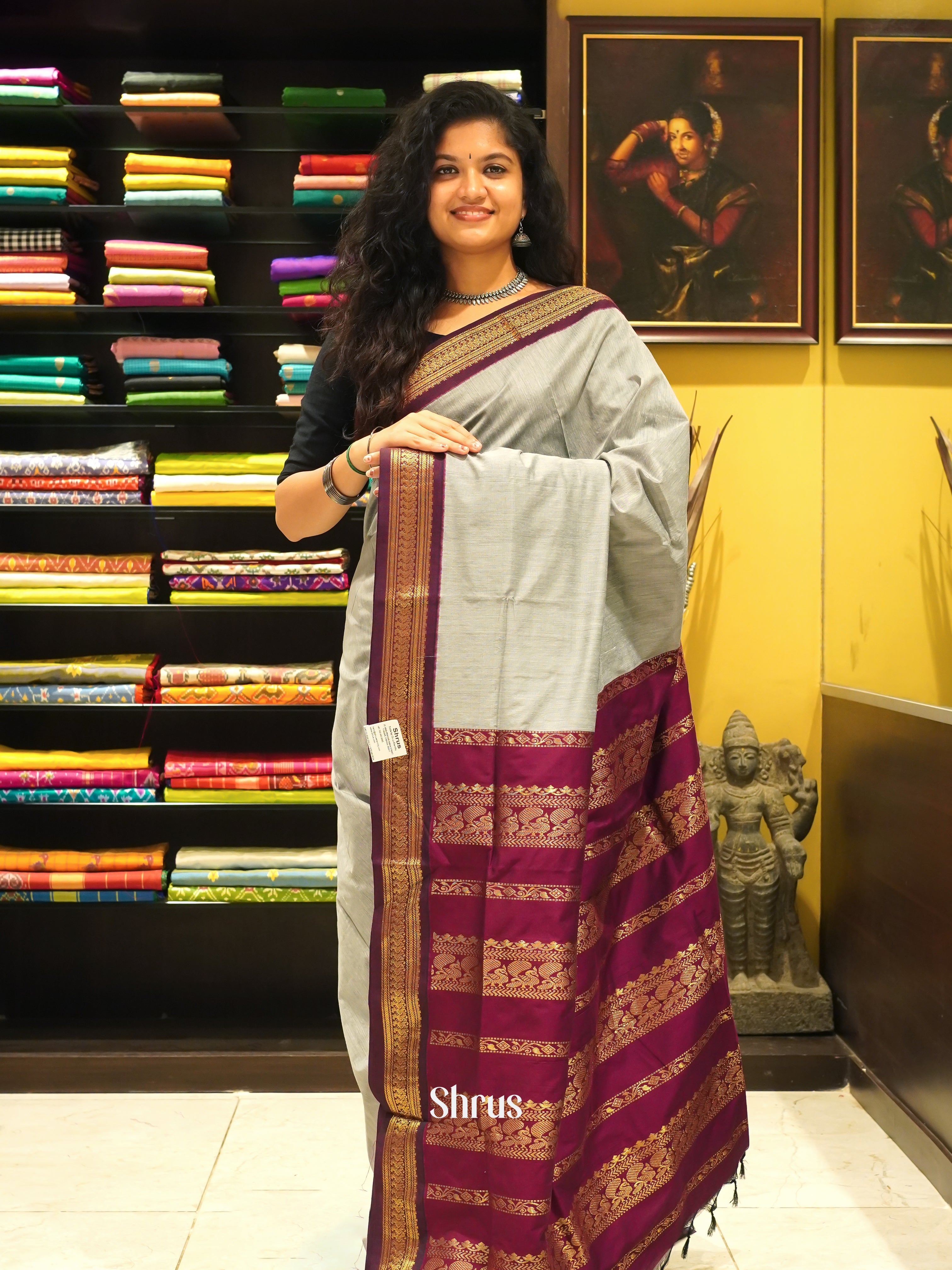 Grey & Maroon - Kalyani Cotton Saree - Shop on ShrusEternity.com