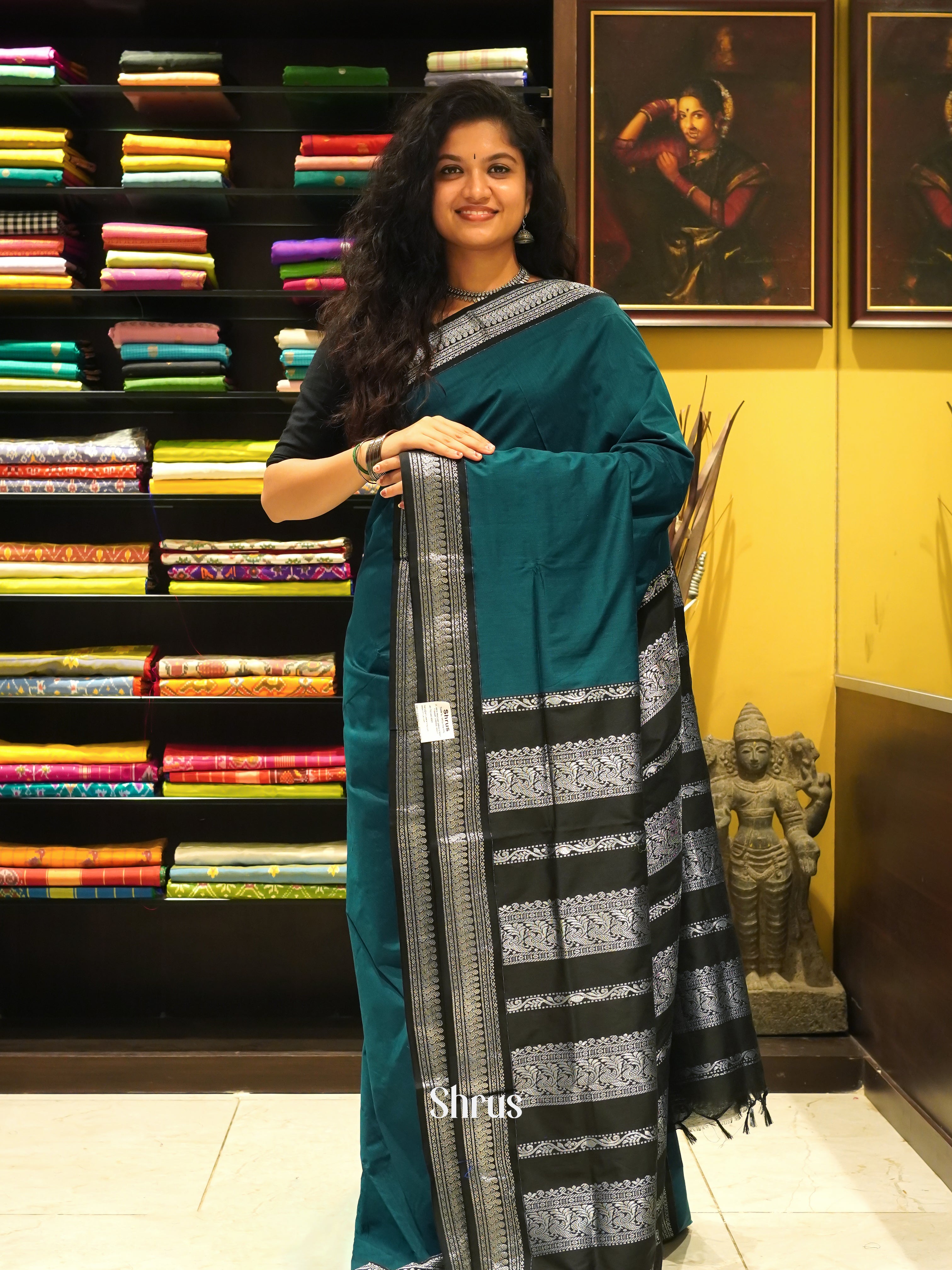 Peacock Green & Black - Kalyani Cotton Saree - Shop on ShrusEternity.com