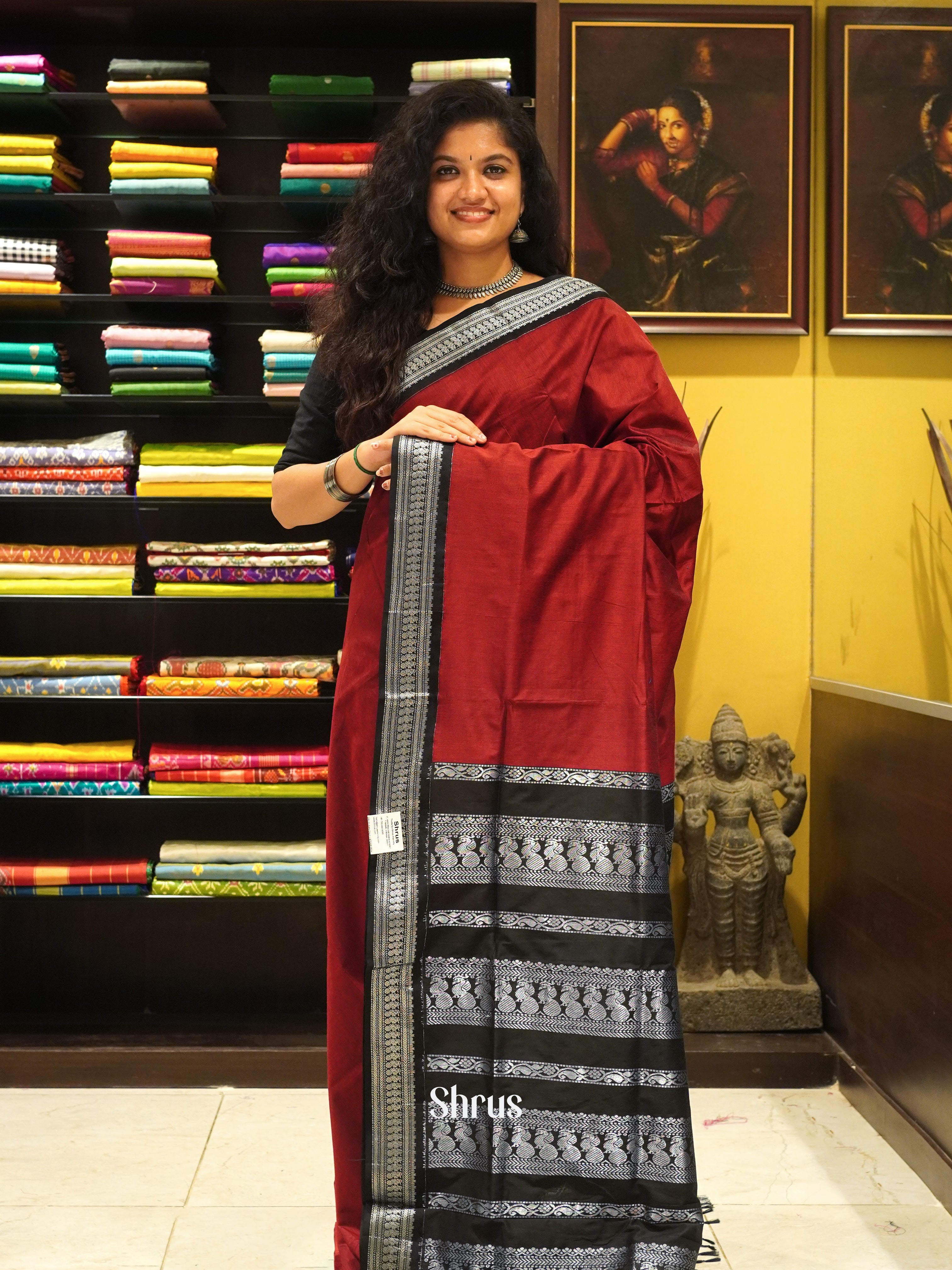 Maroon & Black- Kalyani Cotton Saree - Shop on ShrusEternity.com