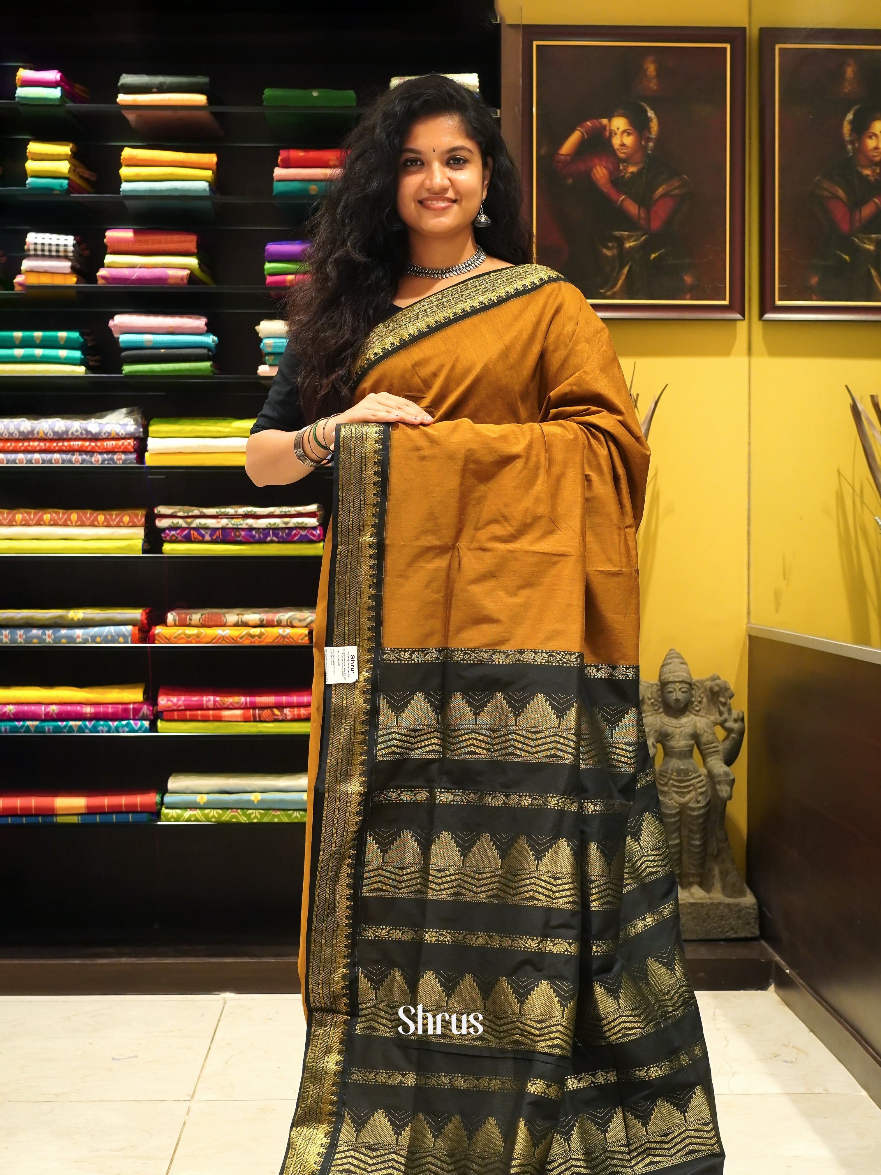Fenugreek & Black - Kalyani Cotton Saree - Shop on ShrusEternity.com